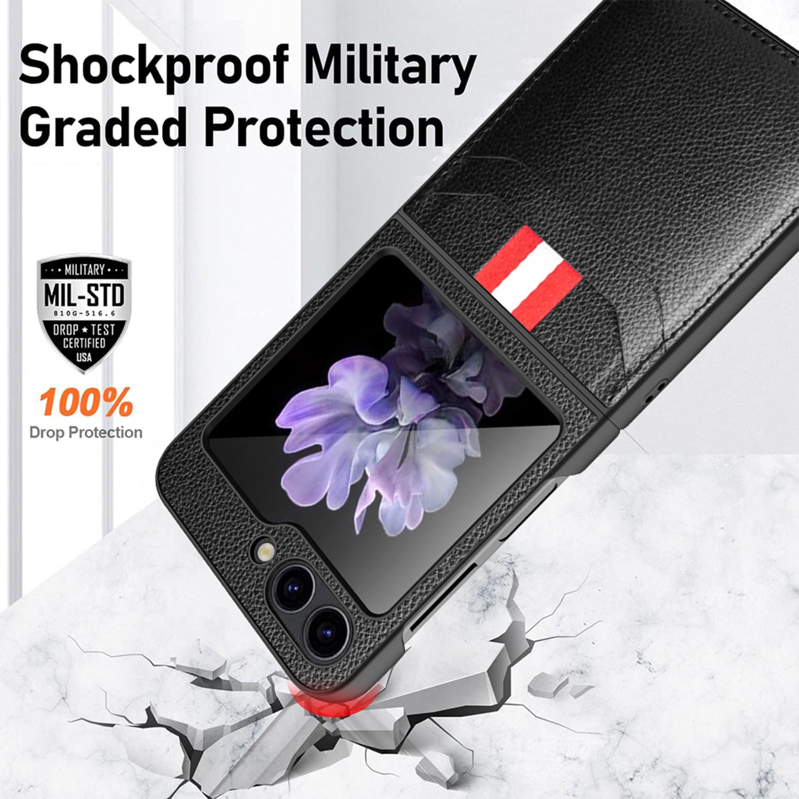 Etui portfelowe na telefon Samsung Galaxy Z Flip 6, skórzane etui o fakturze liczi, z przegródkami na karty, wąska folia obiektywu, odporna na wstrząsy, szare, z klapką 6