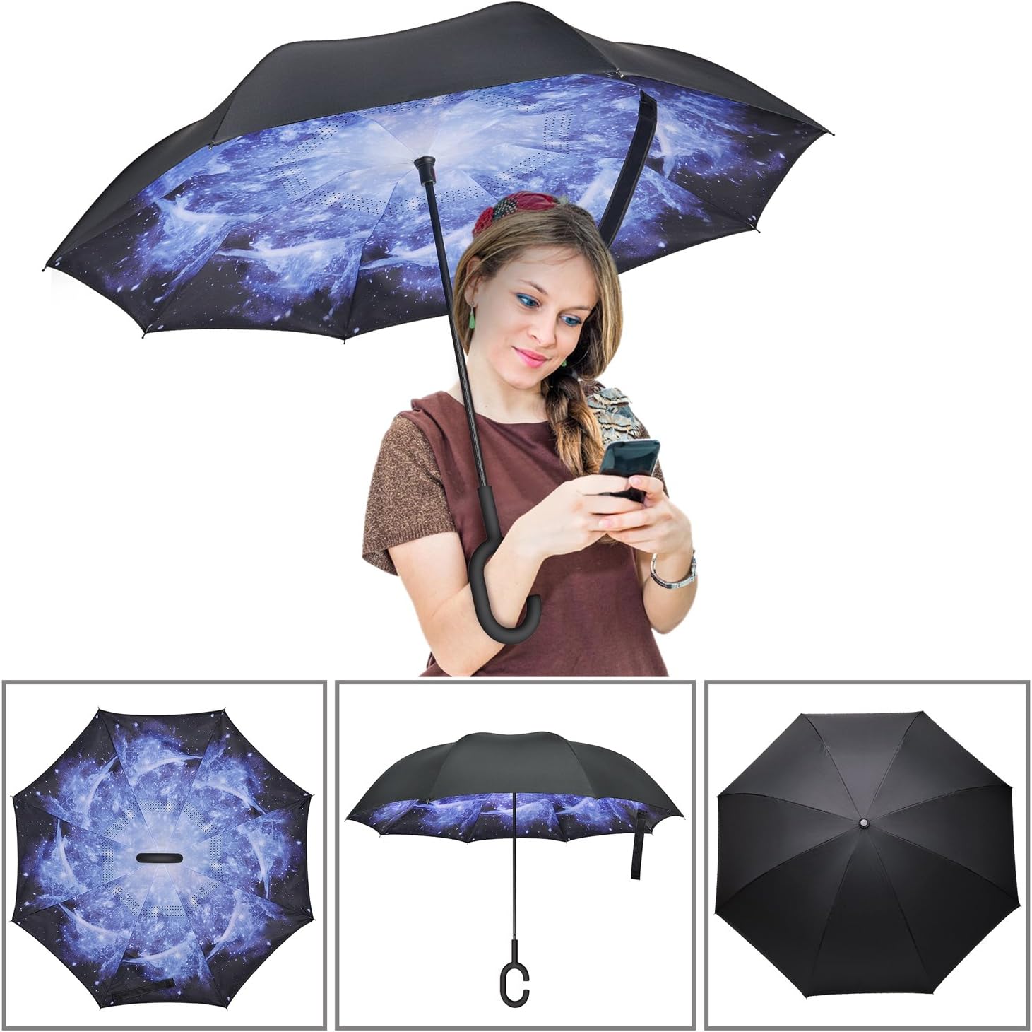 Elover Inverted Umbrella with C-Shaped Handle Inside Out Windproof Umbrella Upside Down Reverse Umbrella Double Layer Travel Umbrella