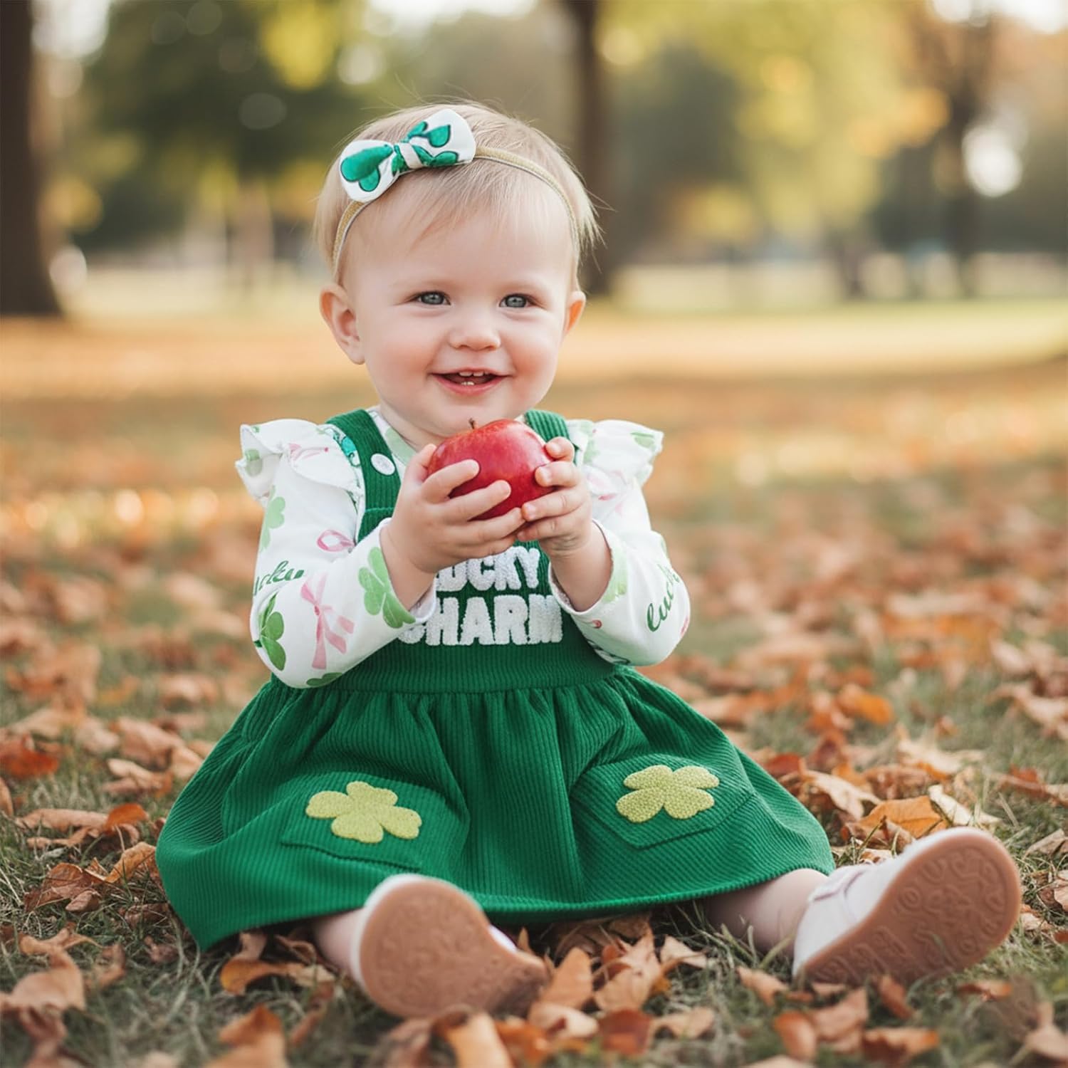 Thorn Tree St Patricks Day Baby Girl Outfit Long Sleeve Romper Onesie Suspenders Skirts Bow Headband 3Pcs Outfits Clothes - Image 2