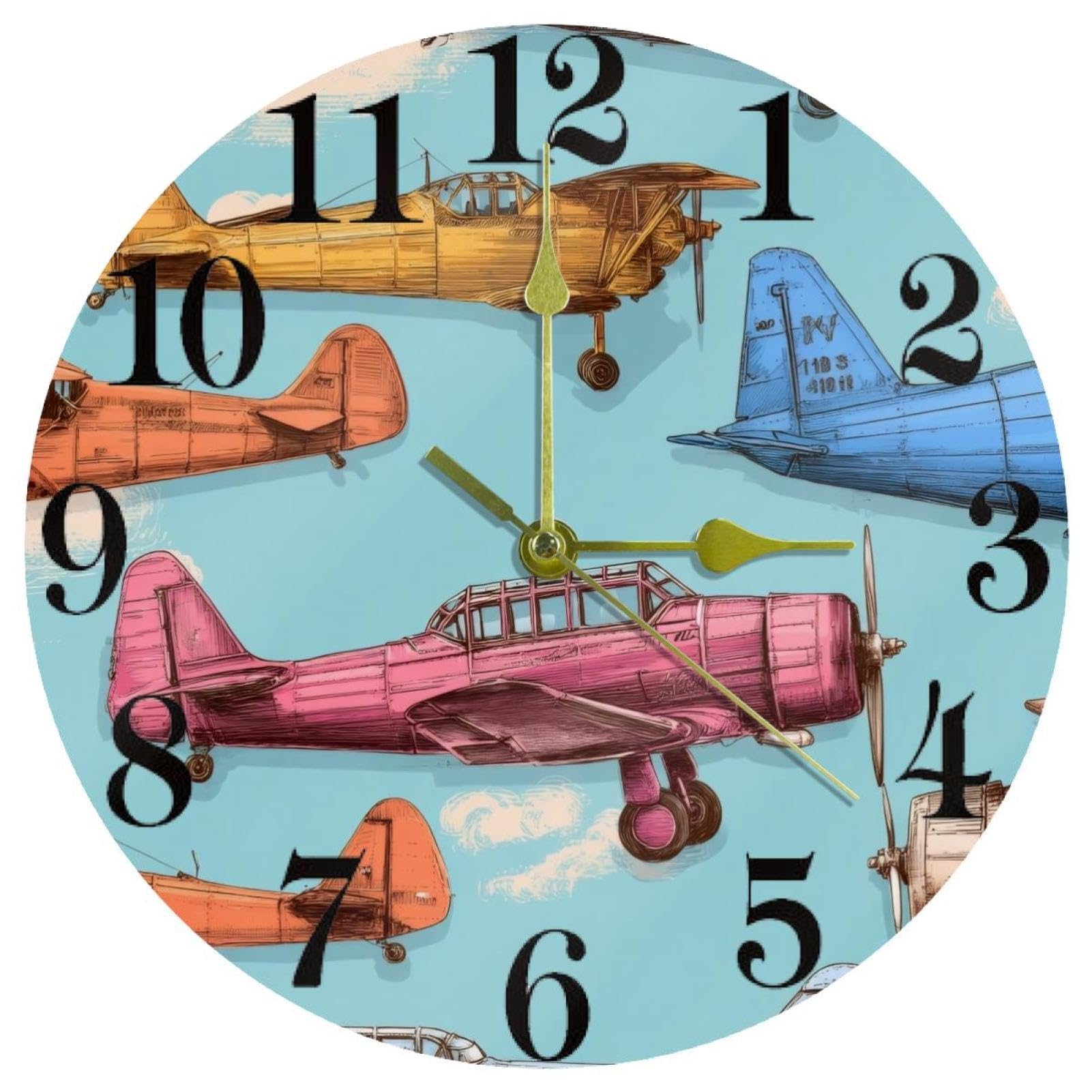 Horloge murale silencieuse quartz avec motif avion coloré pour maison