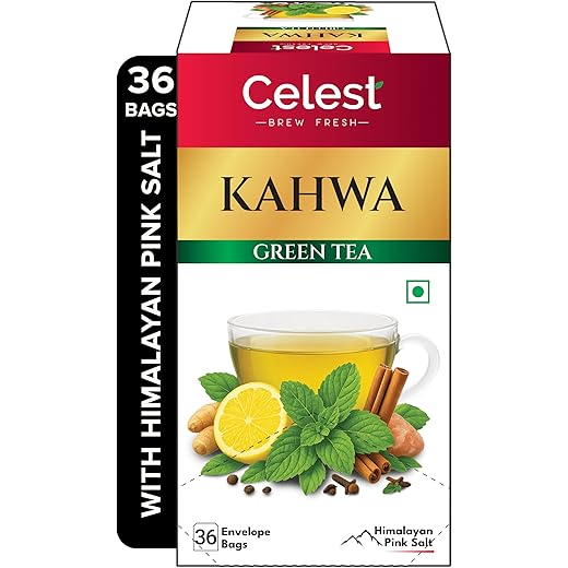 Celest Kahwa Green Tea, 36 Tea Bags | Green Tea for Weight Loss | Masala Green Tea | Cleanse & Cold Relief | Contains Herbs & Spices