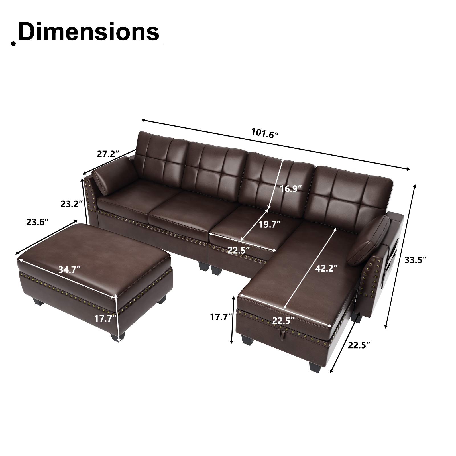 HONBAY Faux Leather Sectional Sofa Couch Set L Shaped Couch Sofa Set for Living Room Reversible
