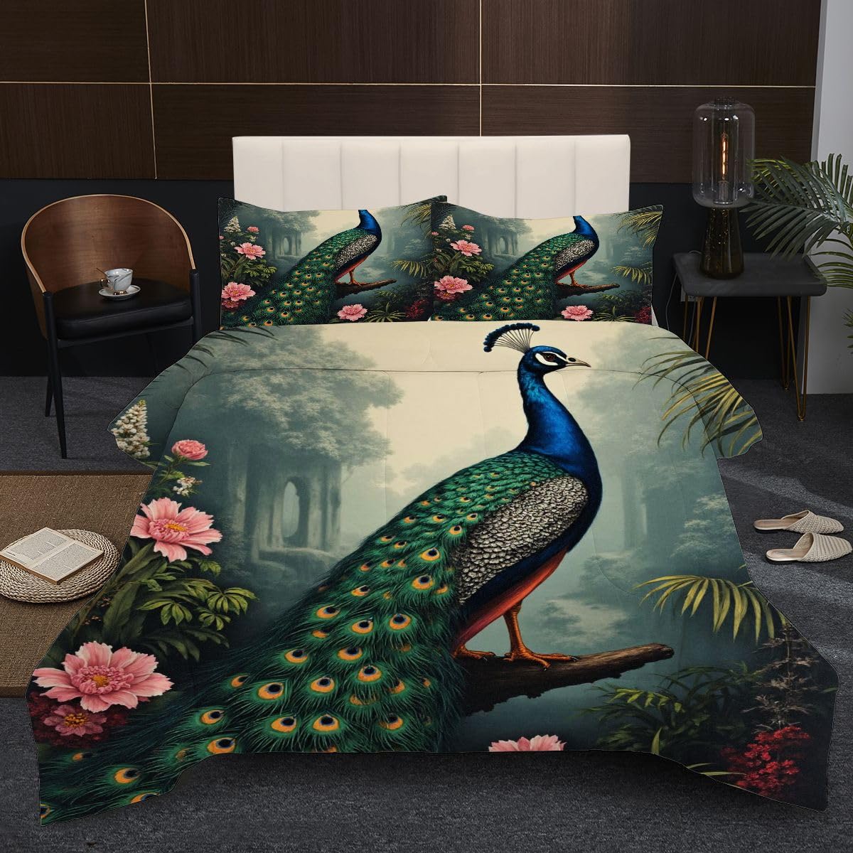 Kołdra podwójny rozmiar zwierzę paw, 100% bawełna wypełniona kołdrą podwójny rozmiar 180 x 180 cm na wszystkie pory roku, wygodna i można prać w pralce kołdra z narożnymi zakładkami + 2