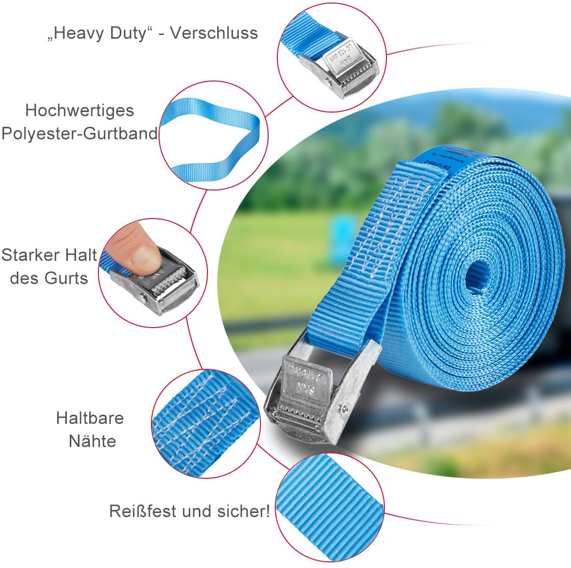 Sandax 6X Spanngurte mit Klemmschloss im Set, 3m lang, 25mm breit, blau, Zurrgurte mit Klemmverschluss kurz, belastbar bis 250kg, DIN EN 12195-2, Einteilige Befestigungsgurte Klemmschlossgurte