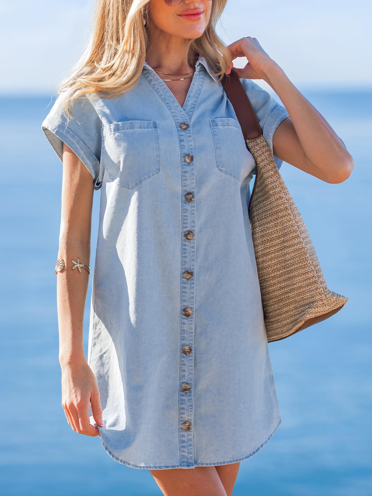 CUPSHE Damen Sommerkleid Jeanskleid Kurzarm Knopfleiste Tunika Minikleid