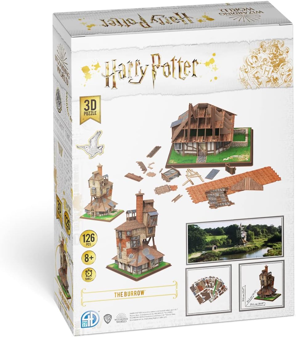Back of the 4D Cityscape Harry Potter The Burrow 3D Paper Puzzle box, displaying various puzzle parts and an exploded view of the assembled model.