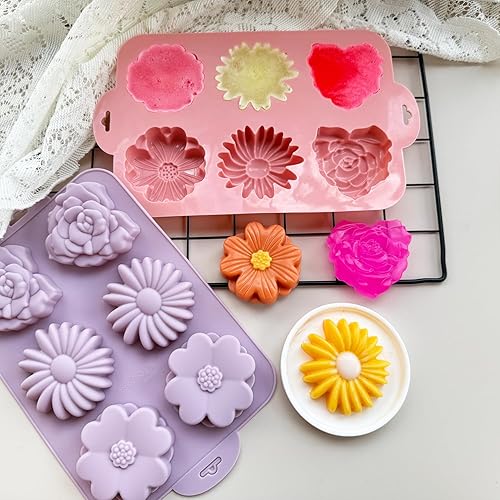 Miniatura 4 de Paquete de 2 moldes de silicona para tartas de flores para hornear, 6 cavidades 3D de margaritas 3D, moldes de chocolate rosa para hacer mousse,