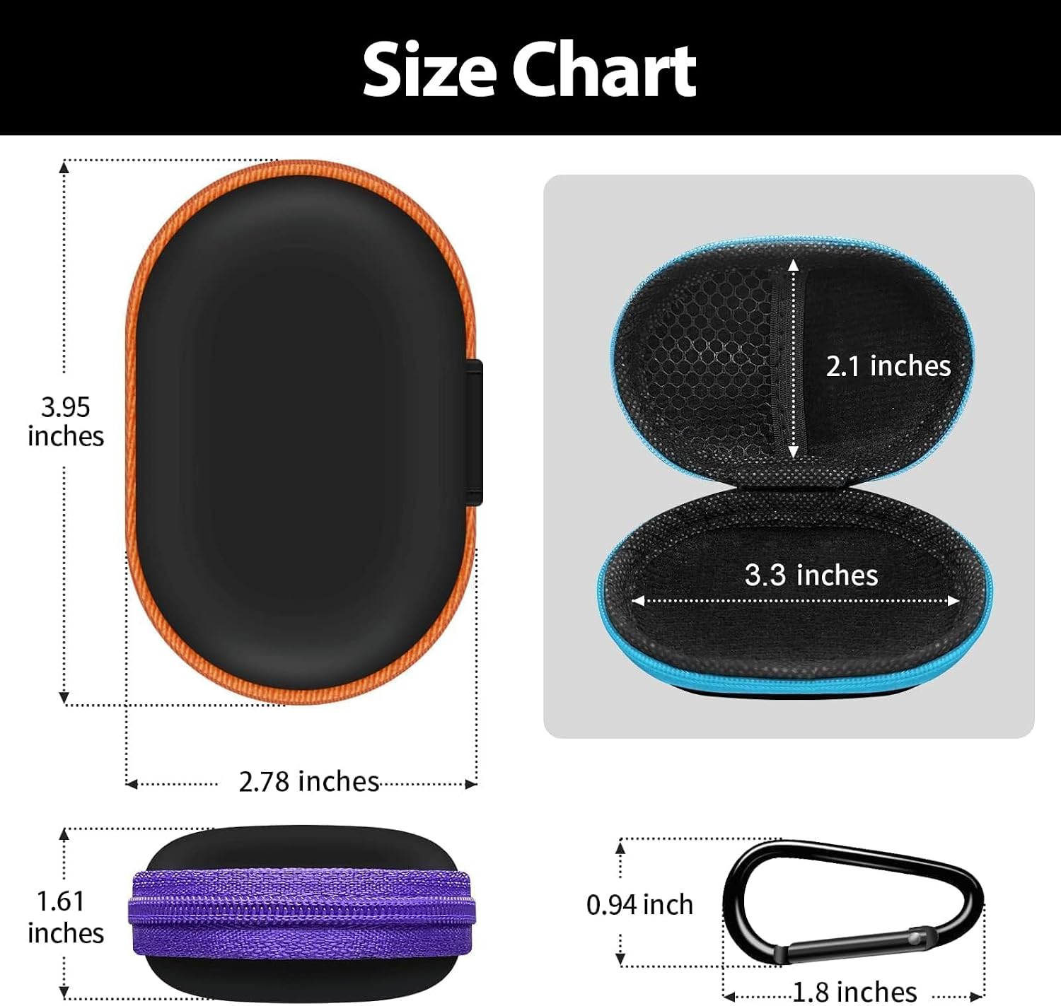2Pack Oval Earbud Case Portable EVA Carrying Case Storage Bag Cell Phone Accessories Organizer with Carabiner for Earphone, Earbud, Earpieces, SD Memory Card, Camera Chips, Black/Purple image 4