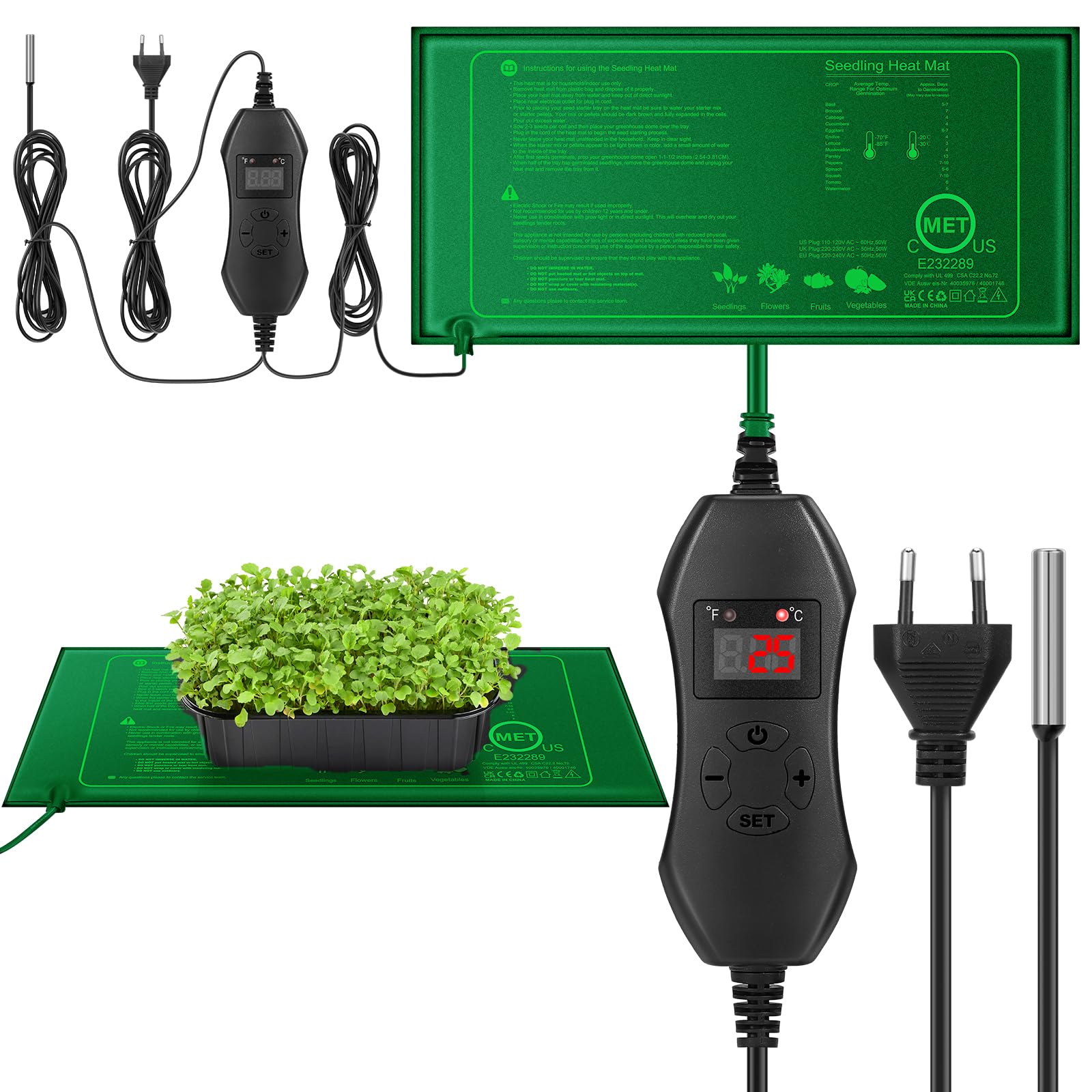 Alfombrilla Térmica con Termostato, 25 x 52.5 cm, 20W Alfombrilla de Calor para de Plántulas Impermeable, Manta Calefactora de Germinación, Estera Térmica para Plantas, Reptiles y Anfibios