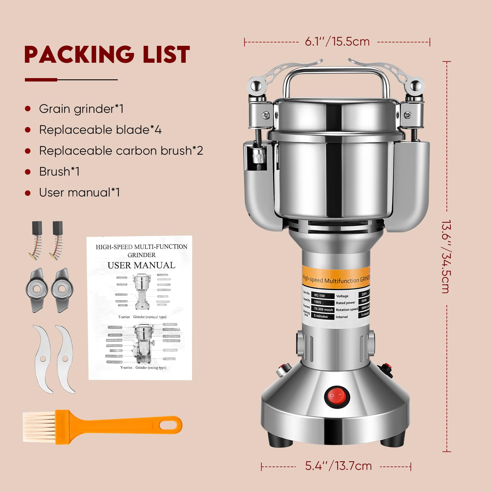 Mulino per Cereali,150g Portable Grinder 850W Macinaspezie Elettrico 3 Lame per Diversi Cereali, Erbe, Spezie, Noci