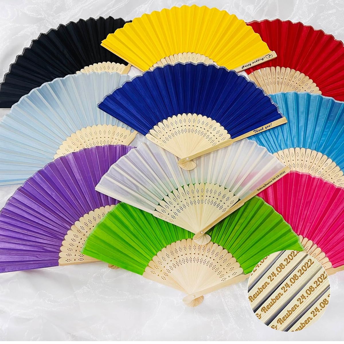 Ventaglio pieghevole con incisione personalizzata, regalo di nozze per gli ospiti, logo personalizzato, regali per feste di compleanno, con sacchetto in organza (50 pezzi)