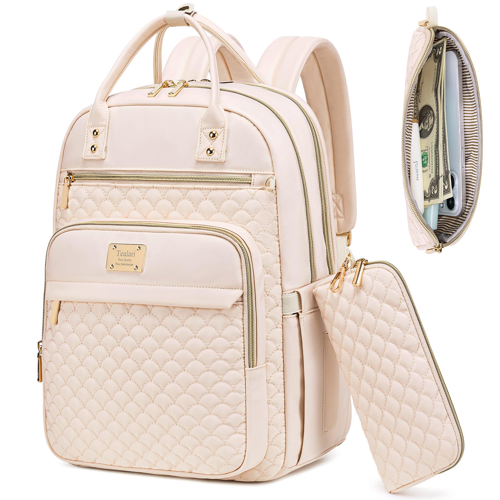 Tealari Laptop Backpack for Women,15.6 Inch Laptop Backpack for Work,Water Resistant Travel Backpack,College Bookbag with Wallet (Beige)