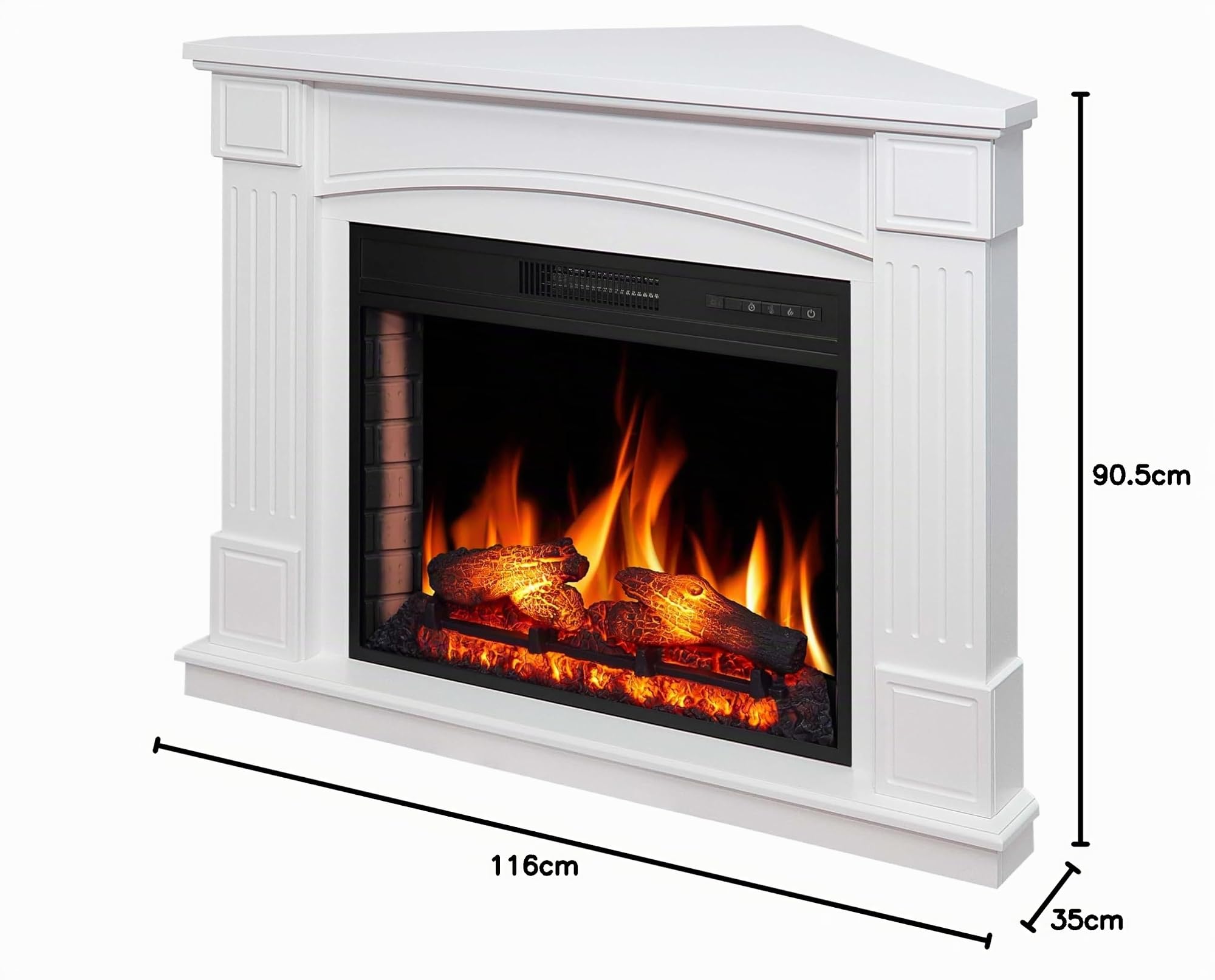 Boston Corner AF28S Caminetto elettrico con effetto fiamma a LED, legna realistica, riscaldamento fino a 30 m², risparmio energetico, installazione libera o ad angolo, bianco