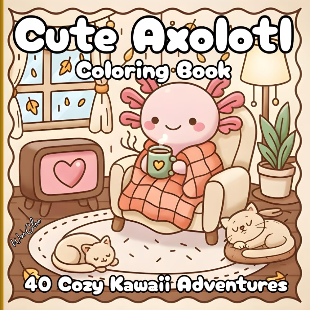 Cute Axolotl Coloring Book: 40 Cozy Kawaii Adventures: Relaxing animal scenes; bold lines, simple designs; single-sided pages for teens and adults - stress relief.