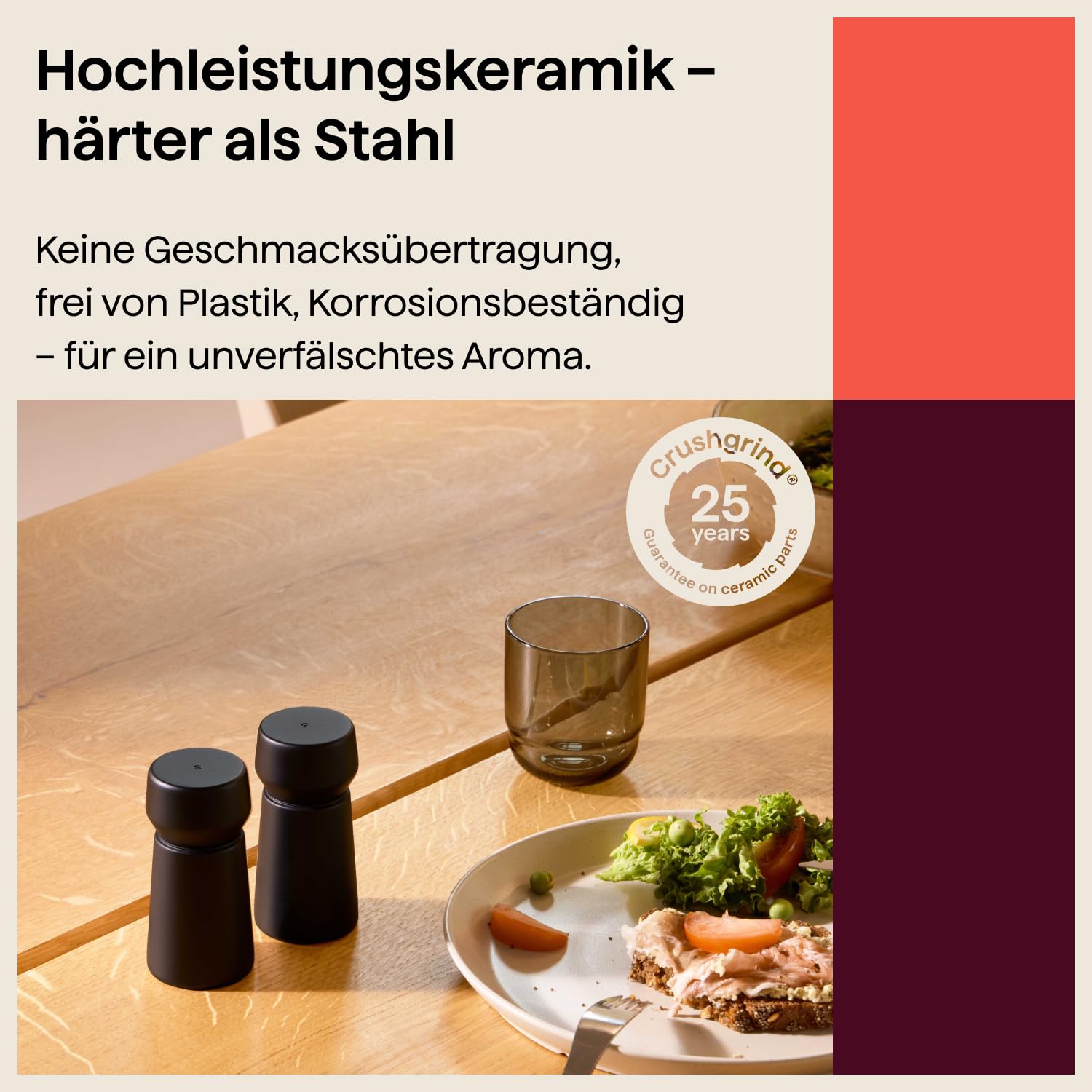 Crushgrind Amsterdam Gewürzmühle mit Keramikmahlwerk | 2er Set | Buchenholz | Salz und Peffermühle mit verstellbarem Mahlgrad | aus hochwertigen, nachhaltigen Materialien | 2x Schwarz (110 mm) | 11 cm - Keramikmahlwerk mit verstellbarem Mahlgrad - Für Sal