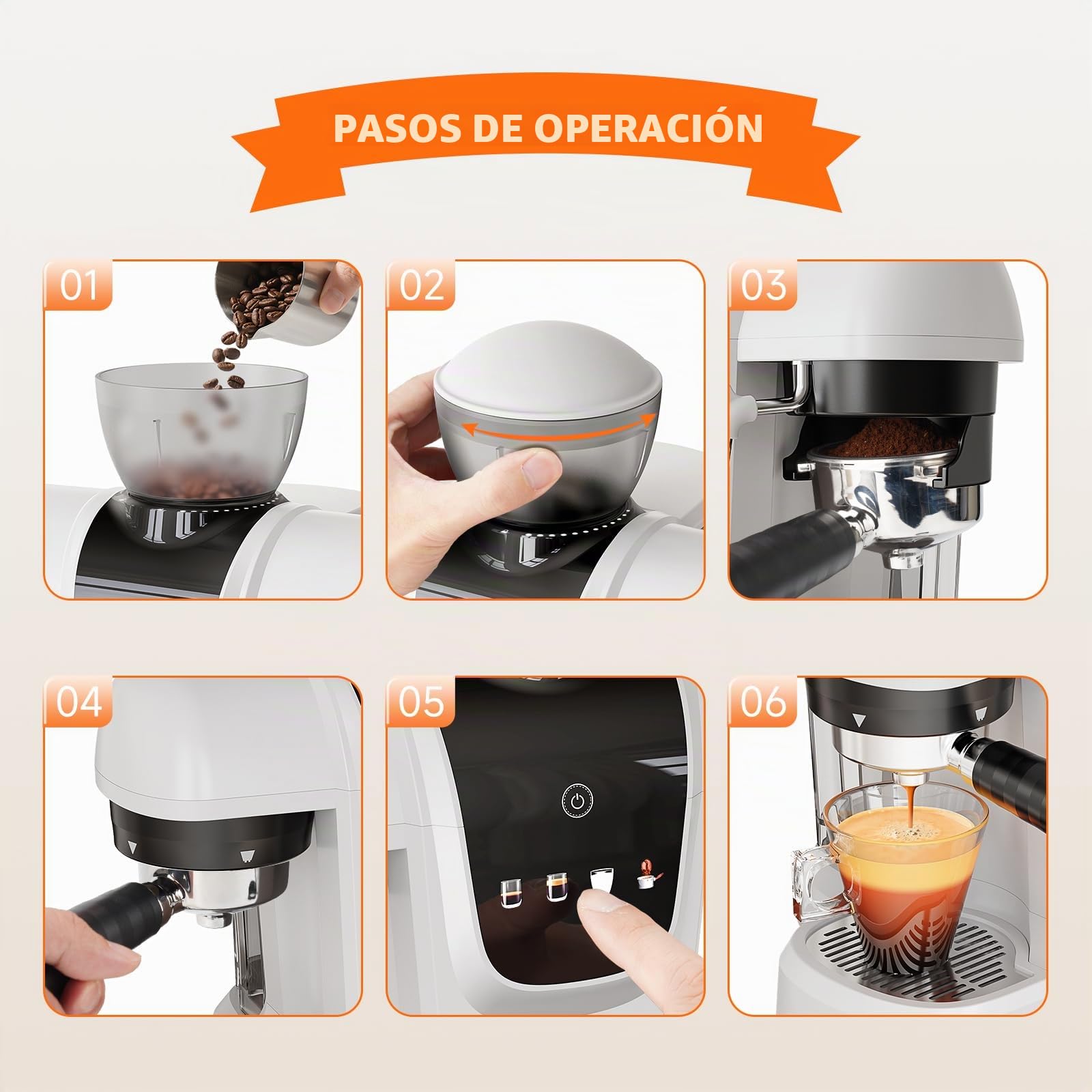 RECAFIMIL Máquina de espresso de 19 bares con molinillo de granos, cafetera 2 en 1 para café molido, capuchino y latte con espumador de leche, panel táctil, depósito de agua extraíble (blanco)