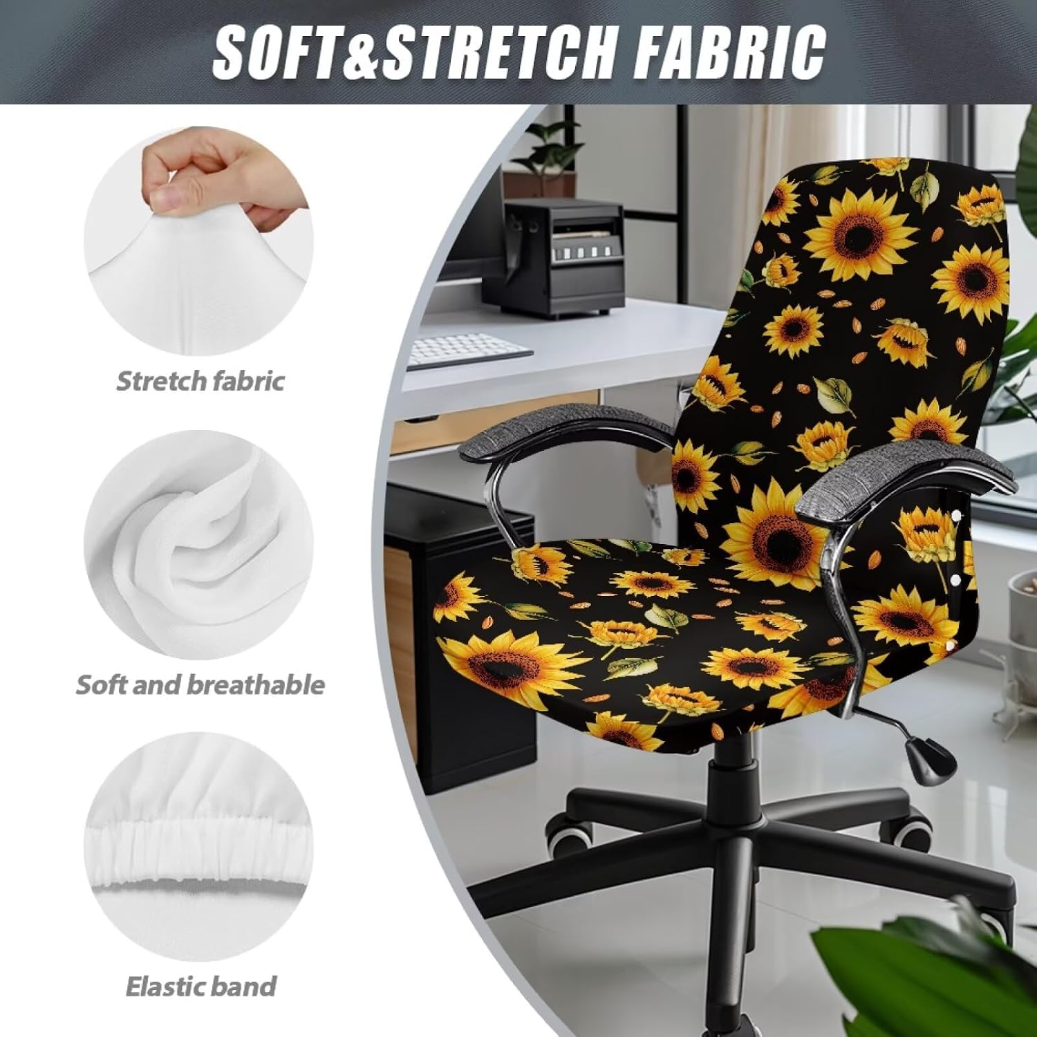 Sunflower Print Office Chair Cover Stretchable, Computer Chair Slipcovers Elastic, Office Desk Chairs Covers Soft Size L