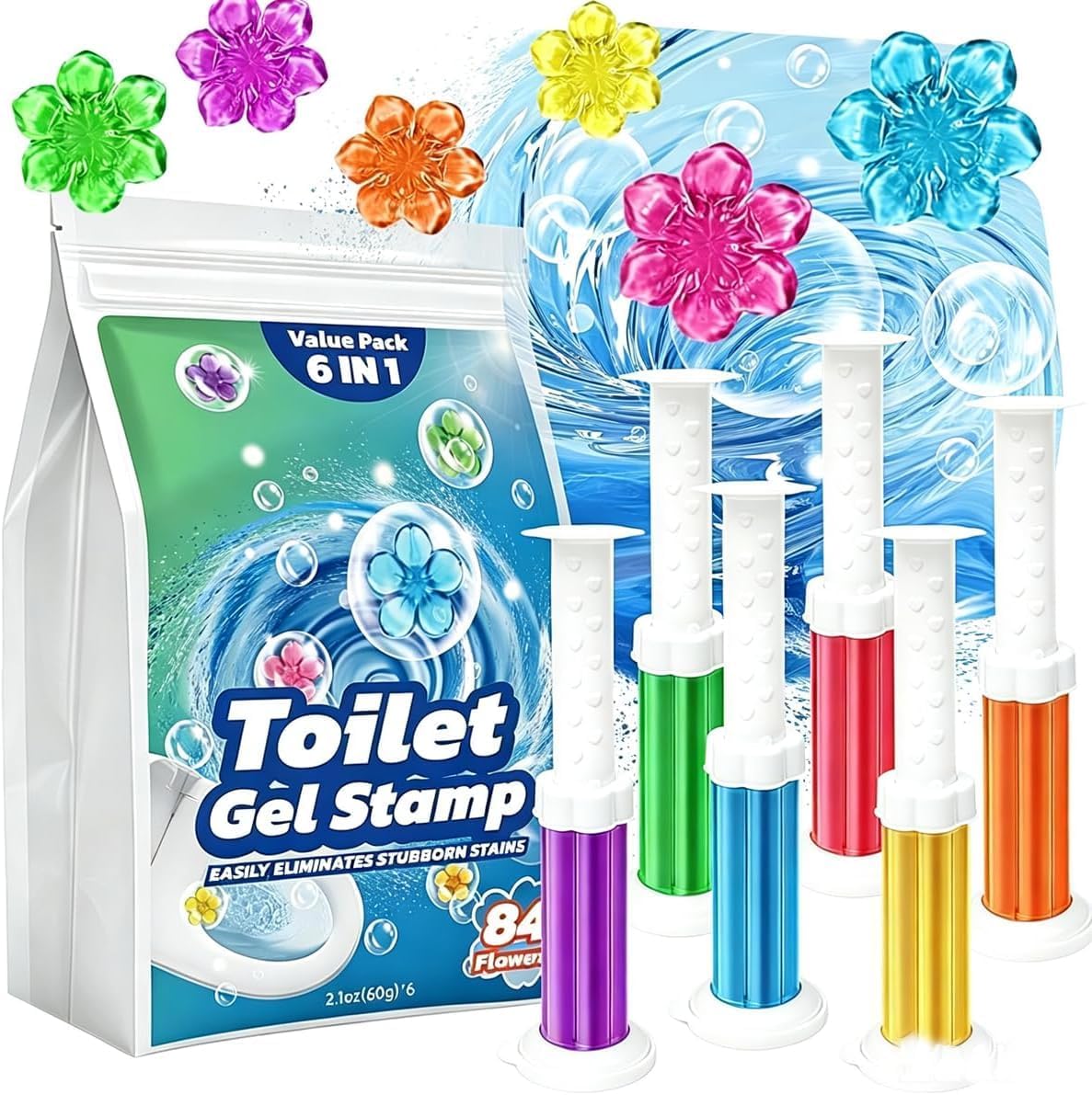 84 Flowers Toilet Cleaner Gel Stamps， (6 in 1) Air Freshener, Effective Deodorizer, Long Lasting Fragrance for Bathroom, Toilet Bowl