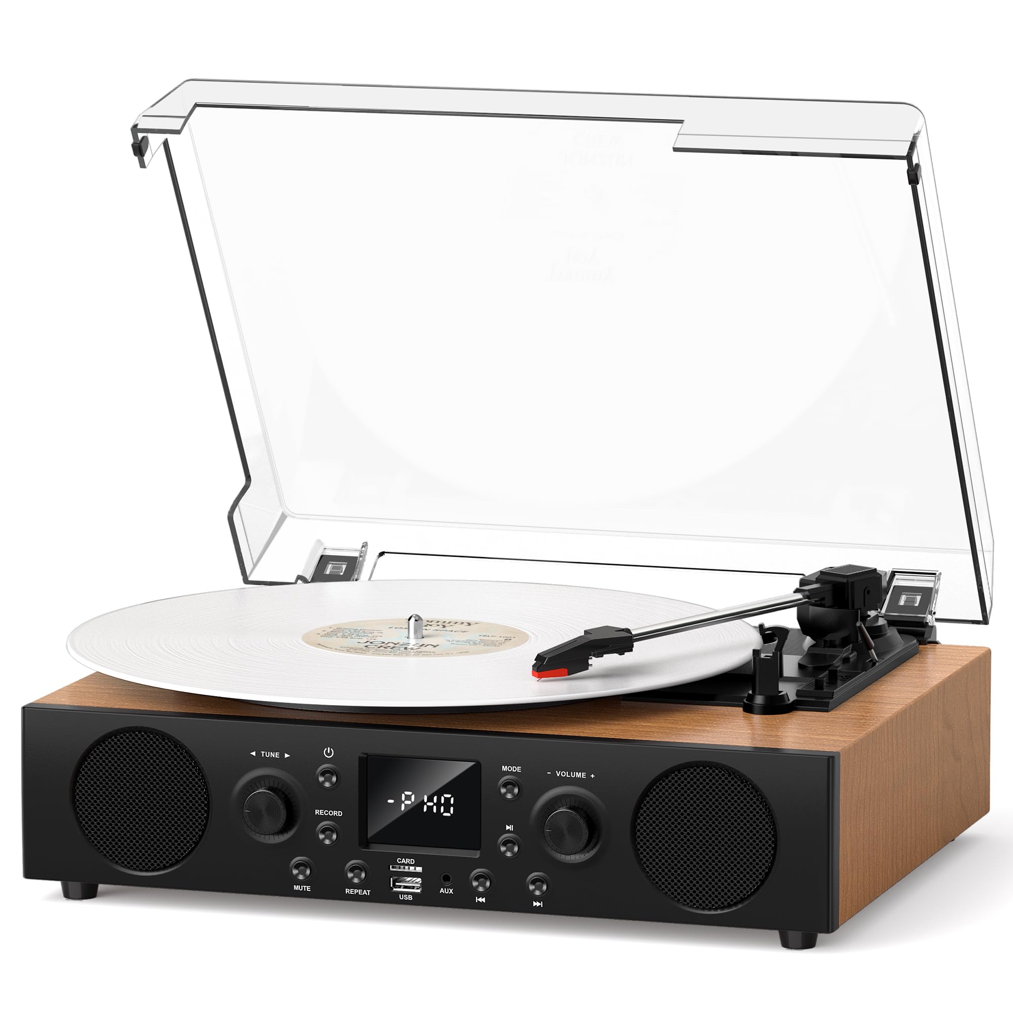Heritage Walnut - Giradischi in vinile, 3 velocità, Bluetooth, con altoparlanti integrati, cartuccia stilo Ruby, giradischi HiFi con trasmissione a cinghia con radio FM, display LCD