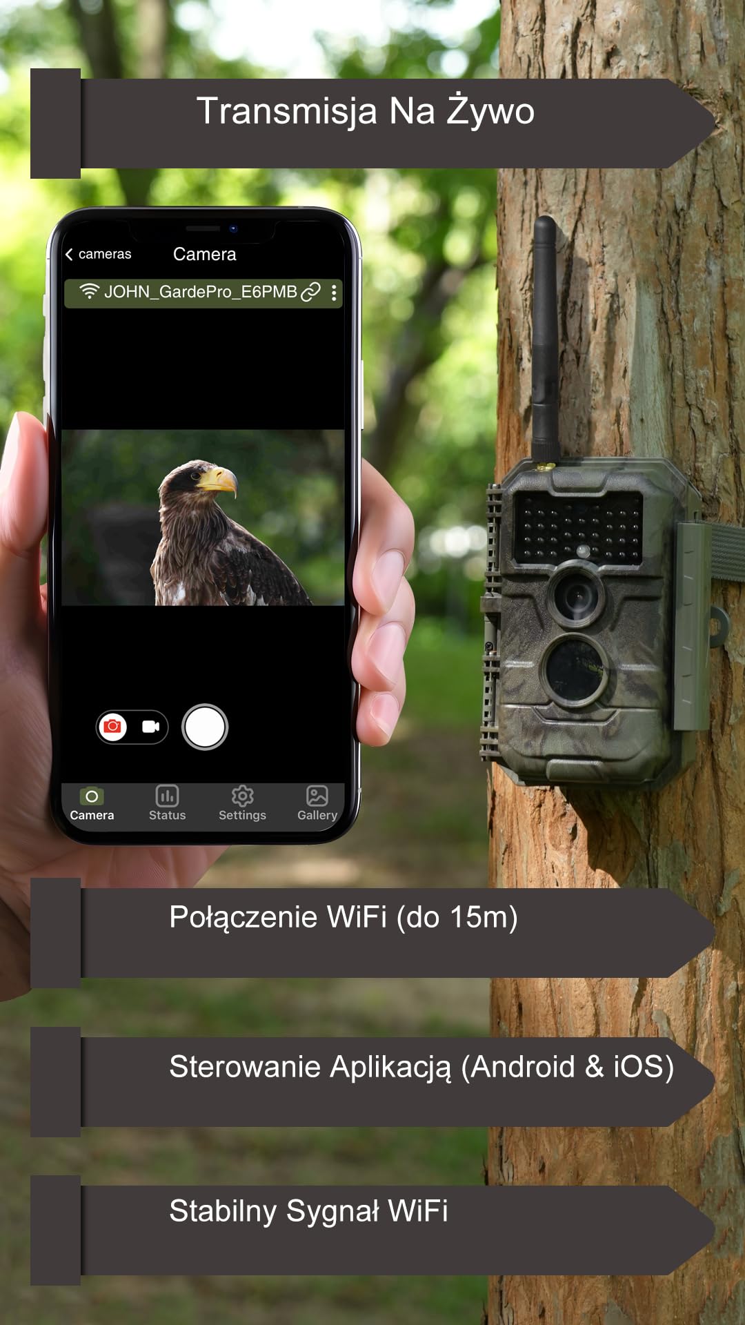 GardePro E6P kamera do obserwacji dzikich zwierząt, Wi-Fi, akumulator 8000 mAh, 64 MP 1296P, kamera do dzikich zwierząt z czujnikiem ruchu, widoczność w nocy, transmisja telefonu komórkowego