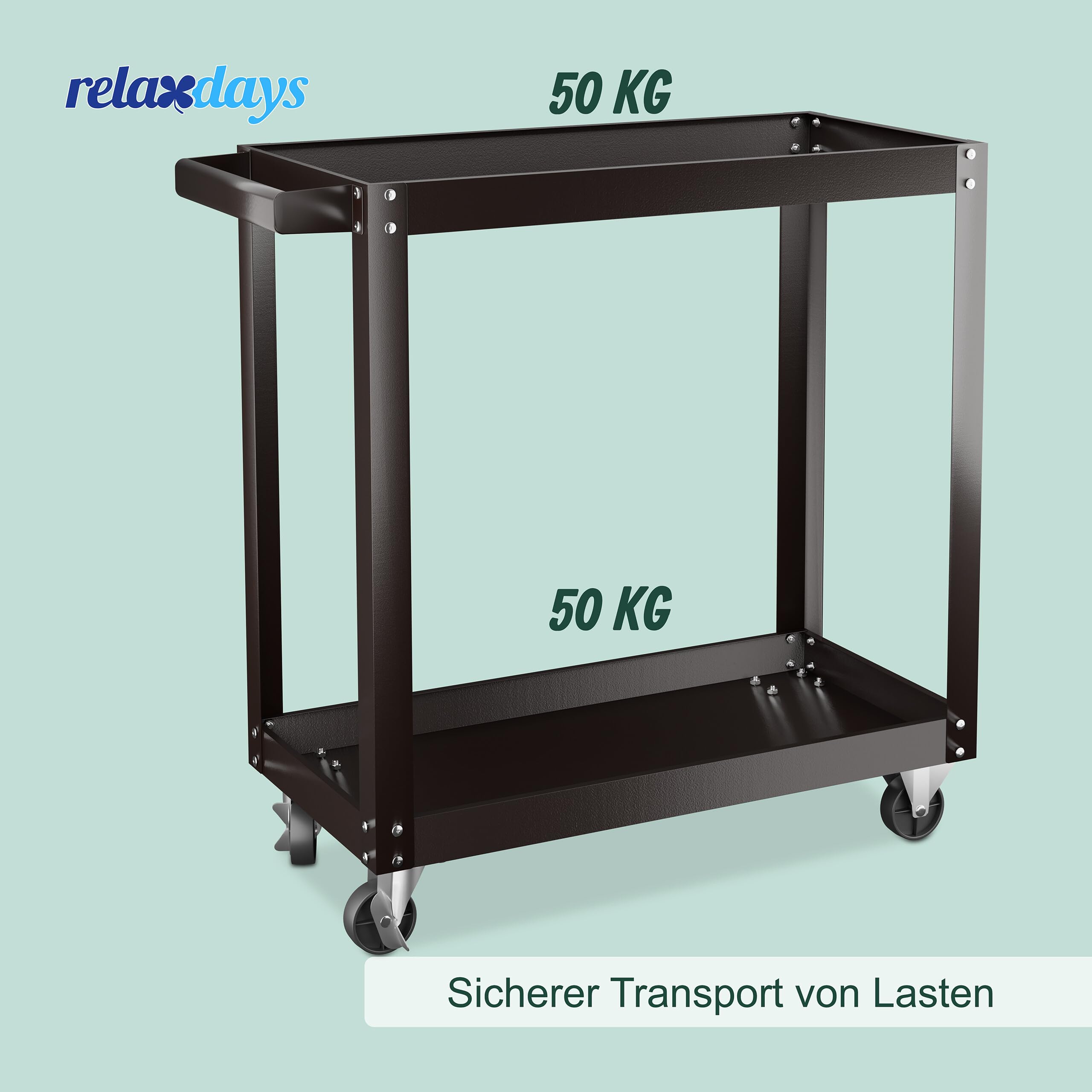 Relaxdays Werkstattwagen, Werkzeugwagen mit 2 Ebenen, mobiler Montagewagen, bis 100 kg, HxBxT: 76 x 78 x 35 cm, schwarz