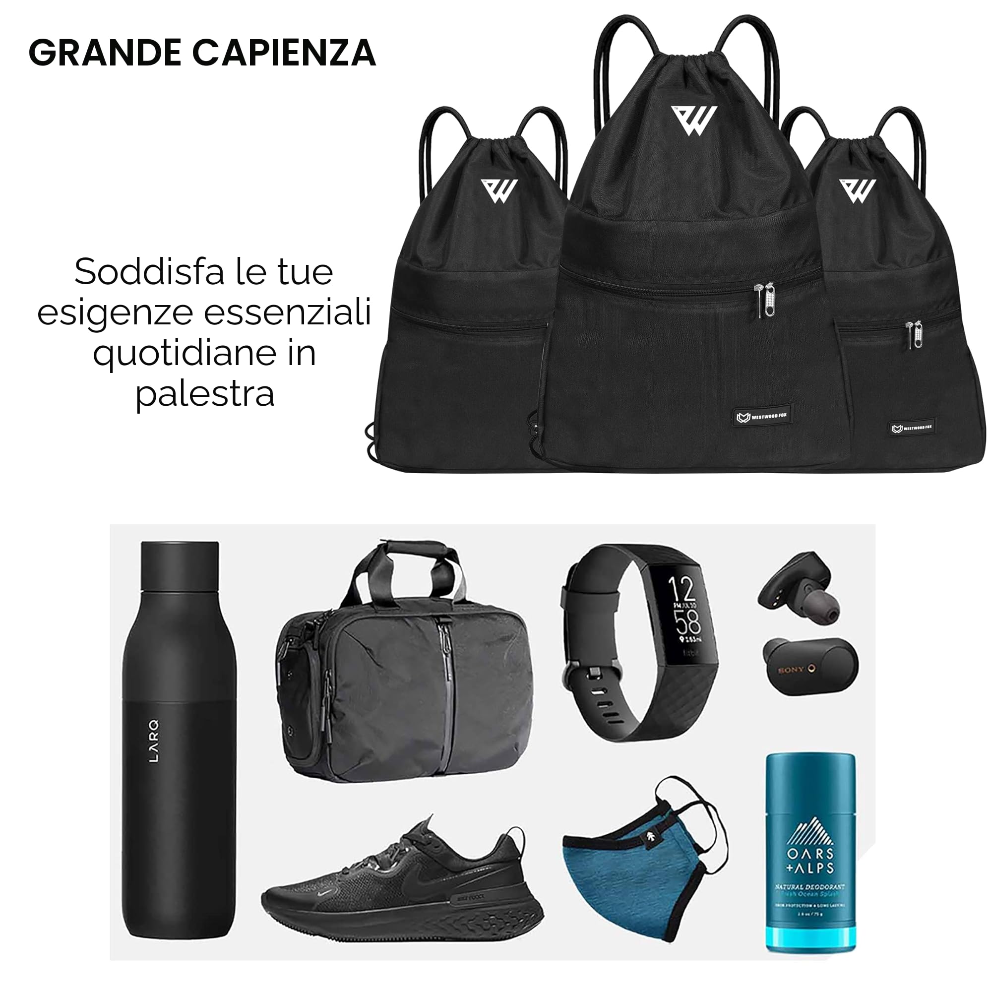 WESTWOOD FOX WFX - Sacca con coulisse, impermeabile, per sport, palestra, da donna, da uomo, in polietilene, tasca esterna, con cerniera, per scuola, spiaggia, vacanze, nuoto, viaggi