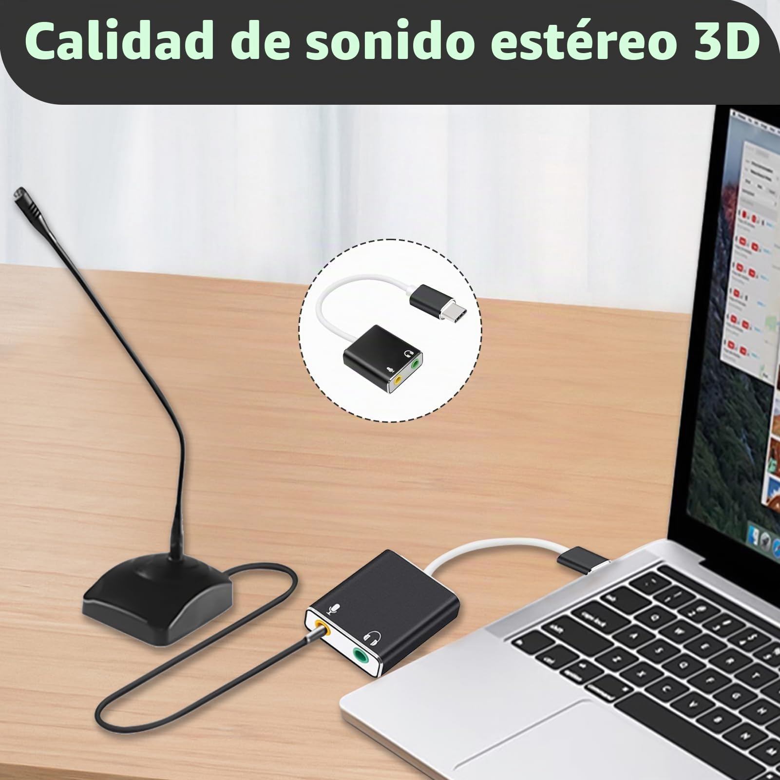 Adaptador Audio USB-C a Jack 3,5 mm con Entrada de Micrófono para Auriculares, Tarjeta de Sonido Externa Estéreo 3D, Compatible con PS4, PS5, Windows, Mac, Plug & Play, Sonido de Alta Fidelidad