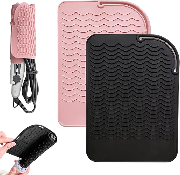 Tappetino termoresistente in silicone 2 pezzi nero e rosa 23x16cm per piastra capelli e ferro arricciacapelli resistente fino a 230°C antiscivolo facile da pulire per casa e salone - 1