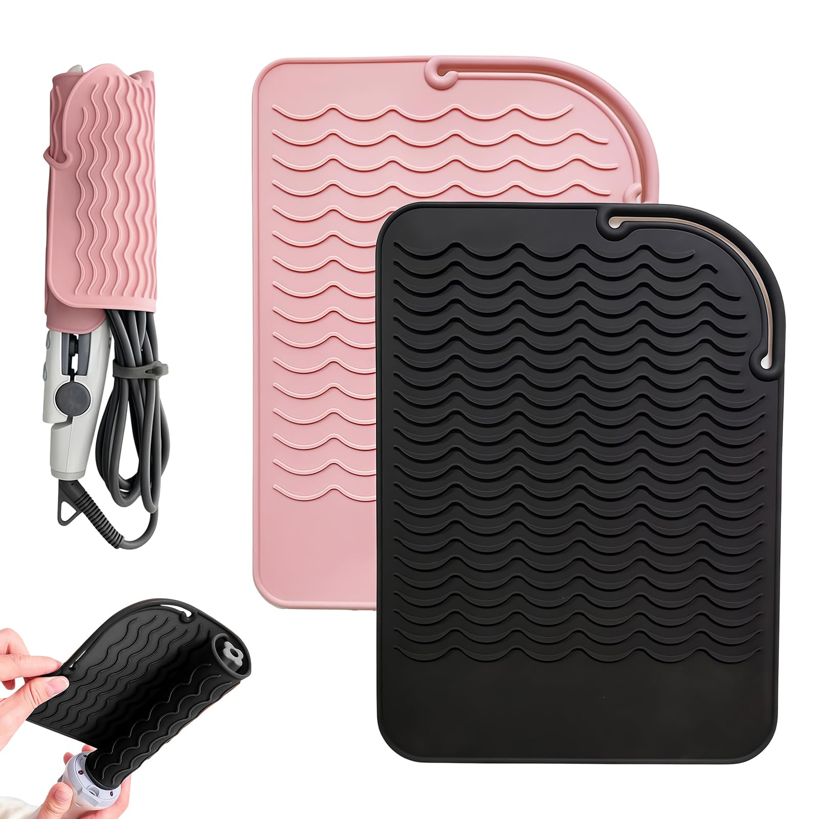 Tappetino termoresistente in silicone 2 pezzi nero e rosa 23x16cm per piastra capelli e ferro arricciacapelli resistente fino a 230°C antiscivolo facile da pulire per casa e salone
