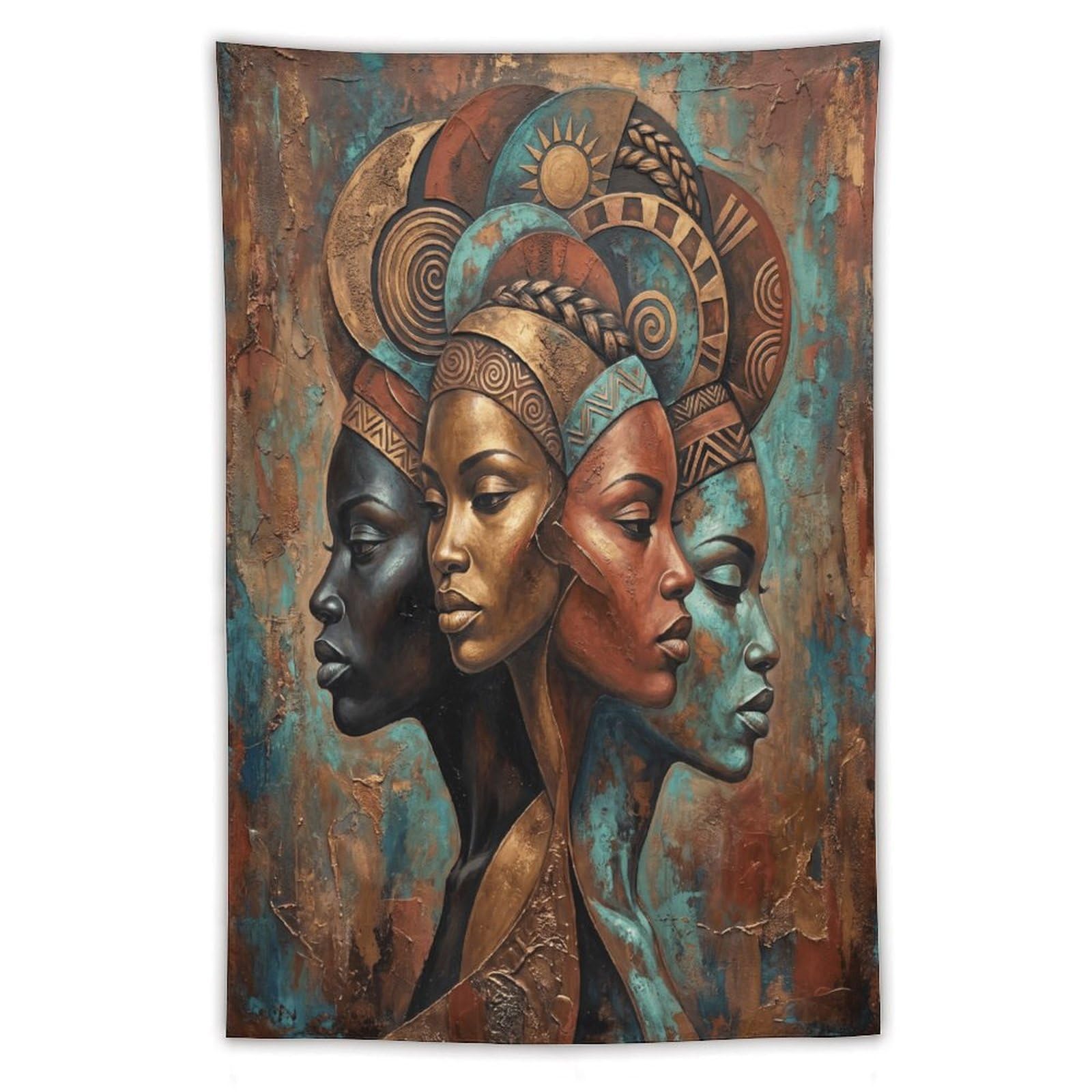 W7C8U2X3 Geometric African Women Portrait Wall Tapestry, Earth Tone Pattern