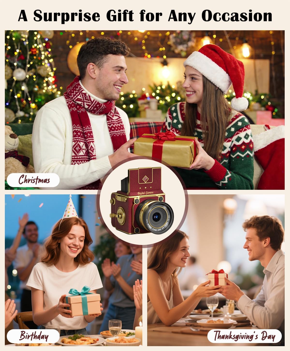 Vintage Digital Camera, 64MP 2.7K Retro Point and Shoot Camera with Autofocus, 2" IPS Waist-Level Screen & 16GB TF Card, 16X Zoom Compact Photography Camera for Beginners Kids Teens, Butterfly Door - 7