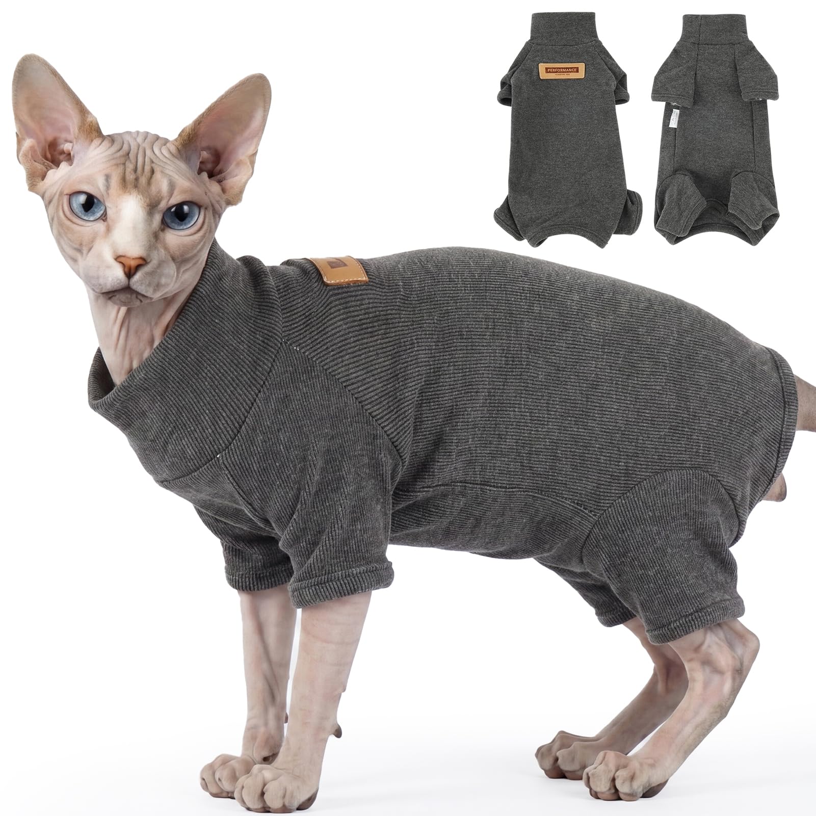 Sphynx Cat Recovery Suit | Full Coverage 4 Leg Kitten Onesie | Soft Warm Fleece | Hairless Cat Clothes After Surgery | Anti Licking Escape Proof Suit | Full Belly Protection (Dark Grey L)