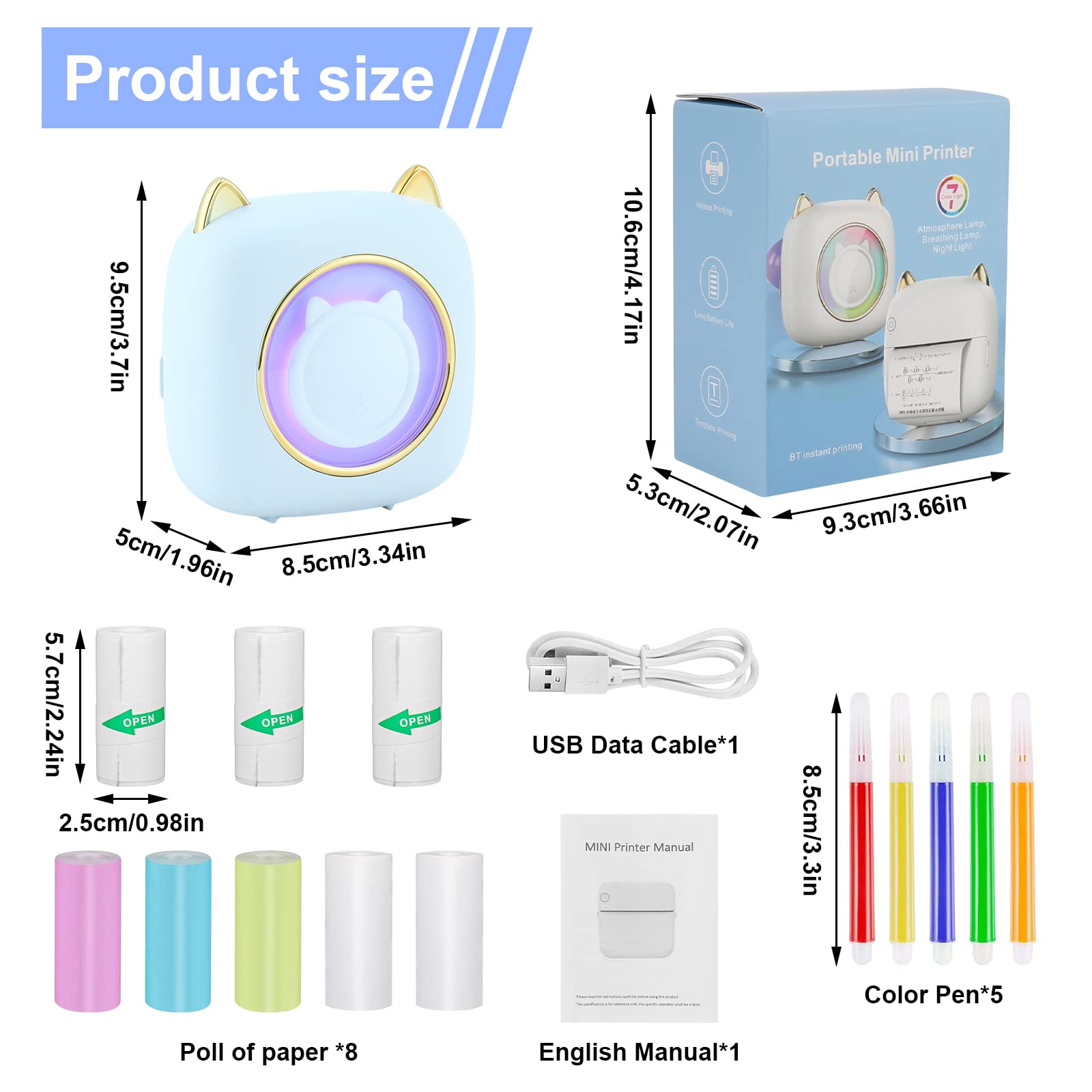 GuKKK Mini Stampante Fotografica, Mini Stampante Termica con LED colorati, Stampante Fotografica Istantanea Portatile, Mini Stampante Termica Bluetooth Ricarica USB, per Note, Diario, Elenco
