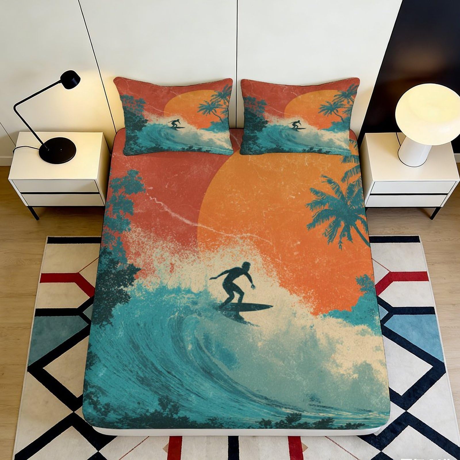 Pnayamiorkfel Style-6 3D Printed Sunset Surf Beach Fitted Sheet Microfiber Orange Wave Palm Mattress Cover For Bedroom Guest Room Decor 90X200x25cm