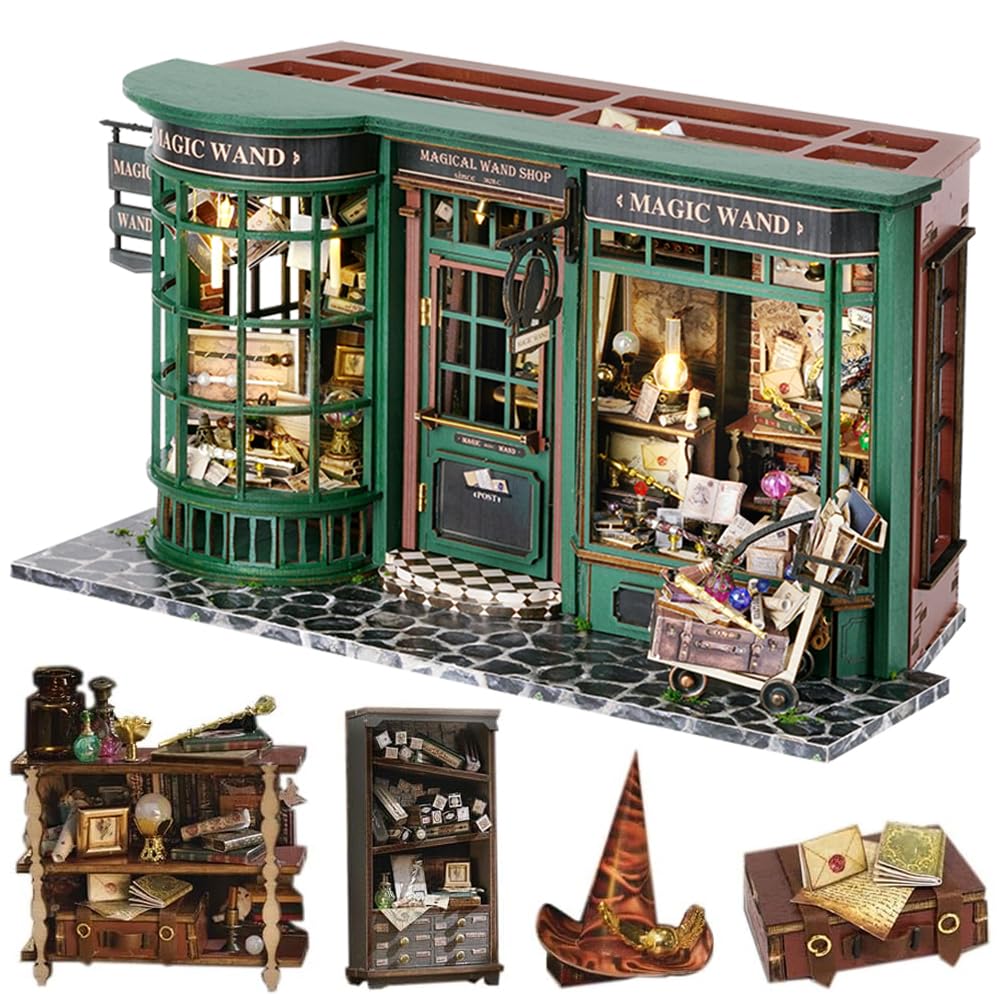 Lannso DIY Dollhouse Miniature Kit, Doll House Kit with Dust Proof Cover, Magic Wand Shop, Mini Handmade Wooden Dollhouse Toys for Adult Gift(F32)