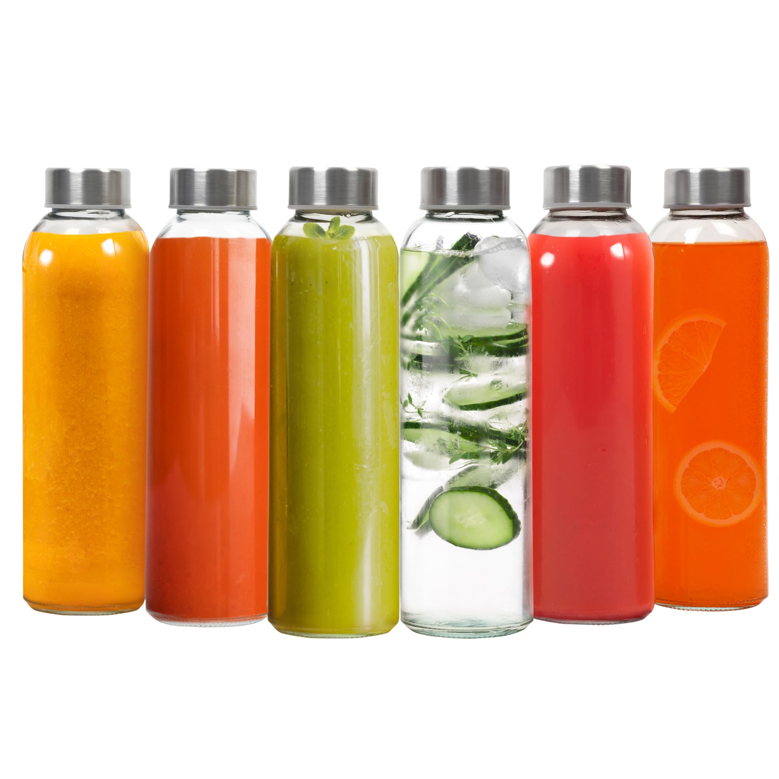 Winter Shore Botellas Cristal Reutilizable de 500 ml [Pack de 6] - Botella Vidrio Transparente para Bebidas Frías y Calientes, Zumos, Batidos, Smoothie - Prueba de Fugas con Tapas de Acero Inoxidable