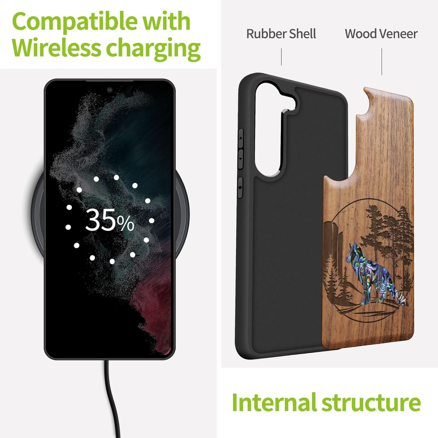 Carveit Designer Wooden Case for Samsung Galaxy S23 Plus Cover [Wood Engraving & Shell Inlay] Compatible with Wireless Chargers Galaxy S23 Plus Case (Fox and Woods-Walnut)