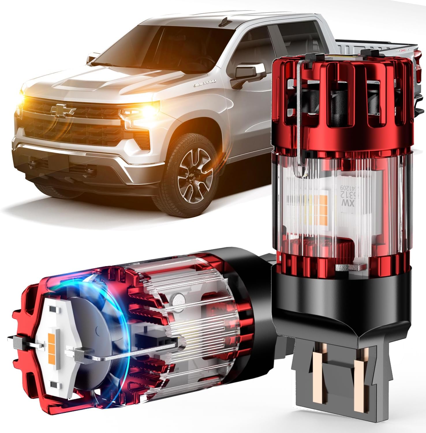 7443 7444NA WY21/5W Amber LED Front Turn Signal Bulbs for 2014-2025 Chevrolet Silverado 1500/2015-2025 2500 3500 HD, CANBUS Error Free,No Hyper Flash - Powerful Super Bright with Cooling Fan
