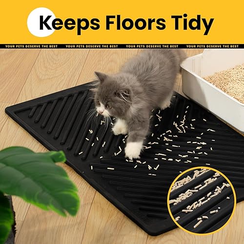 Miniatura 7 de Tapete de silicona para gatos – Fácil de limpiar, tapete de goma duradera para atrapar arena de gatos para caja de arena, diseño mejorado de ranura