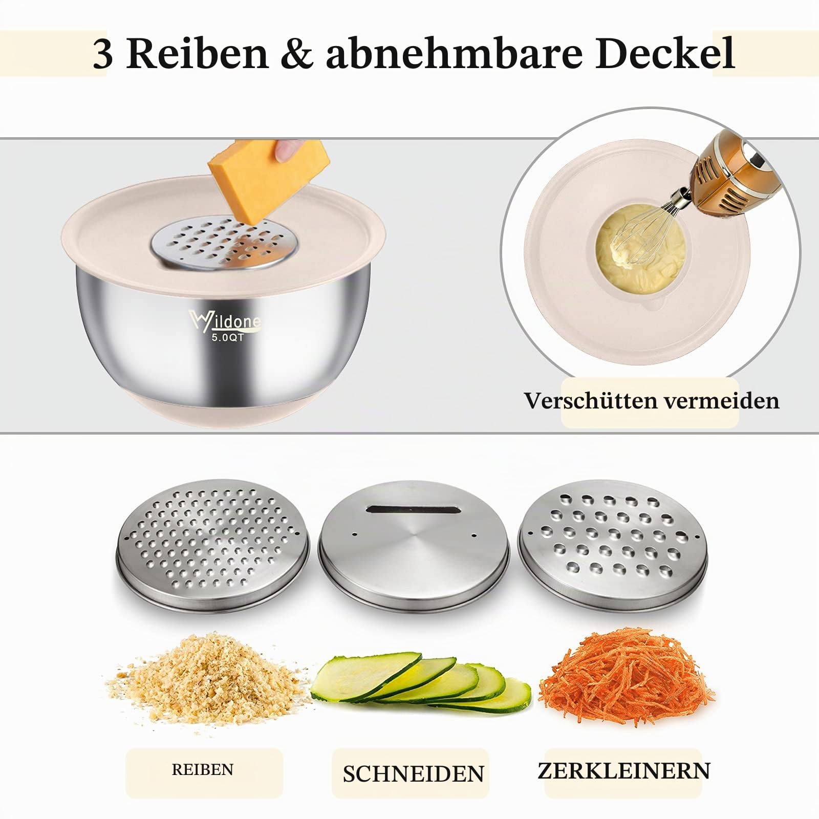 Wildone Rührschüsseln mit luftdichten Deckeln, 22 Stück Edelstahl-Metallschüsseln, 3 Reiben, Messmarkierungen und rutschfeste Unterseite, 0.63 QT, ideal zum Mixen und Servieren (Khaki)