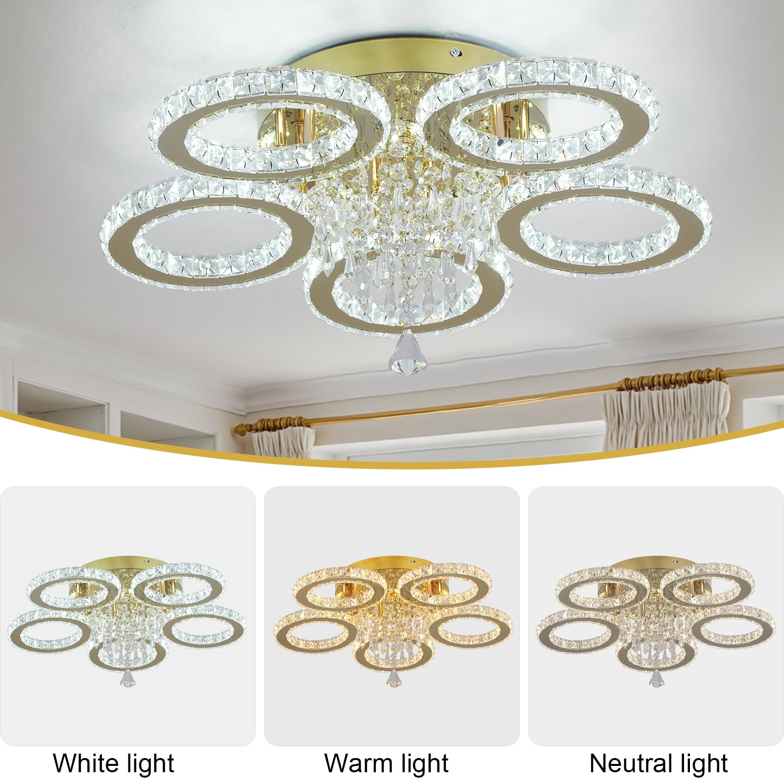 VETRULUS Moderner Kristall-Kronleuchter – Goldene LED-Deckenleuchte mit 5 Ringen, Dimmbar für Schlafzimmer, Wohnzimmer, Esszimmer, Flur