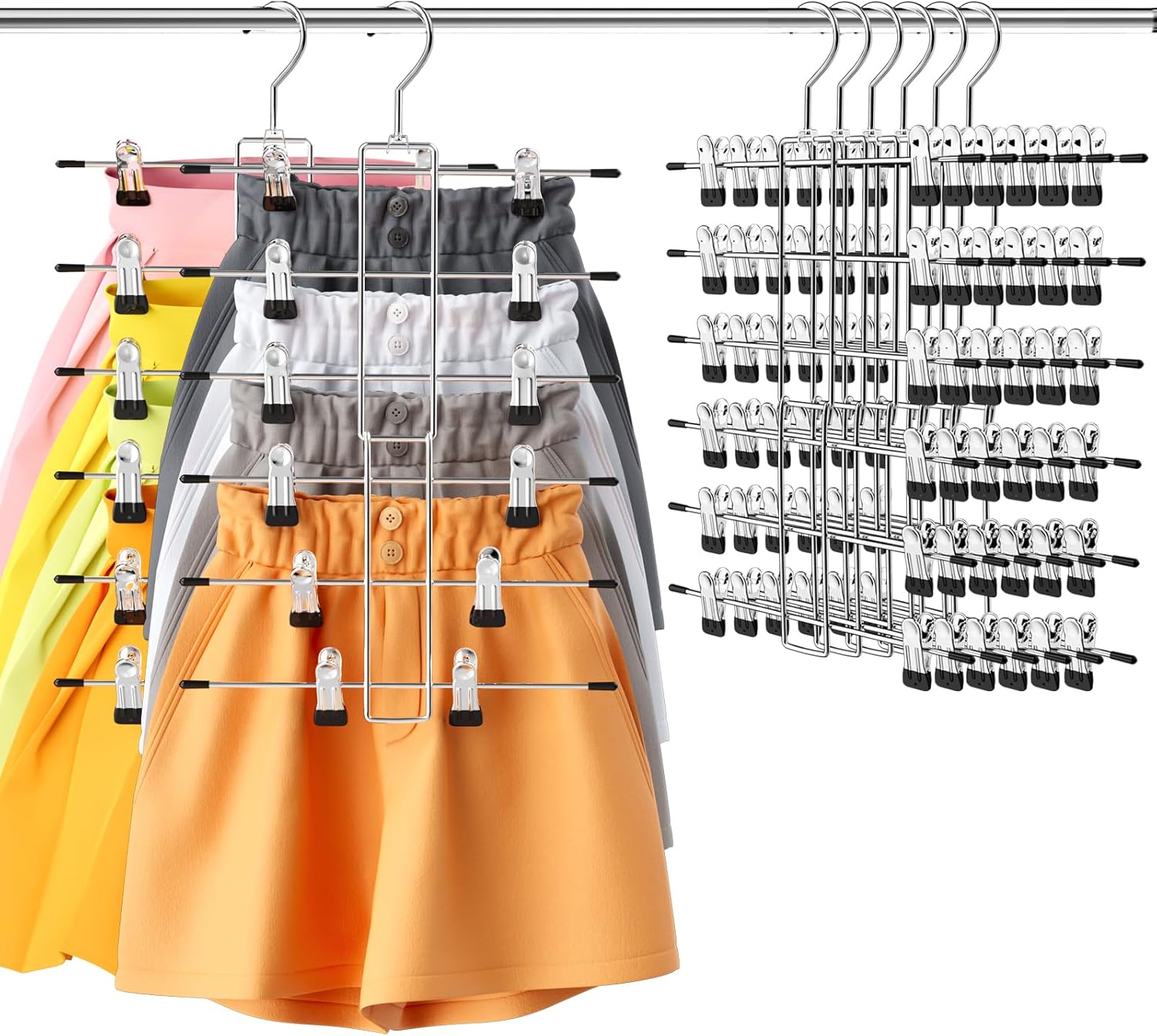 6 Pack Pants & Skirt Hangers Space Saving Hanging Closet Organizer and Storage, Upgrade Skirt Hangers with Clips and 360° Swivel Hook, Closet Storage