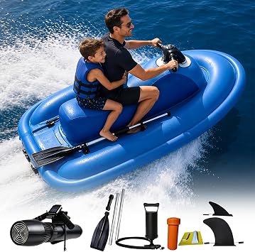 Inflatable Motorized Jet Ski for Adults 150kg/200kg, 2-Person Heavy Duty Electric Water Scooter, 10-Speed Adjustable, 500W/700W Brushless Motor Mini Jet Boat for Lake Cruising & Snorkeling