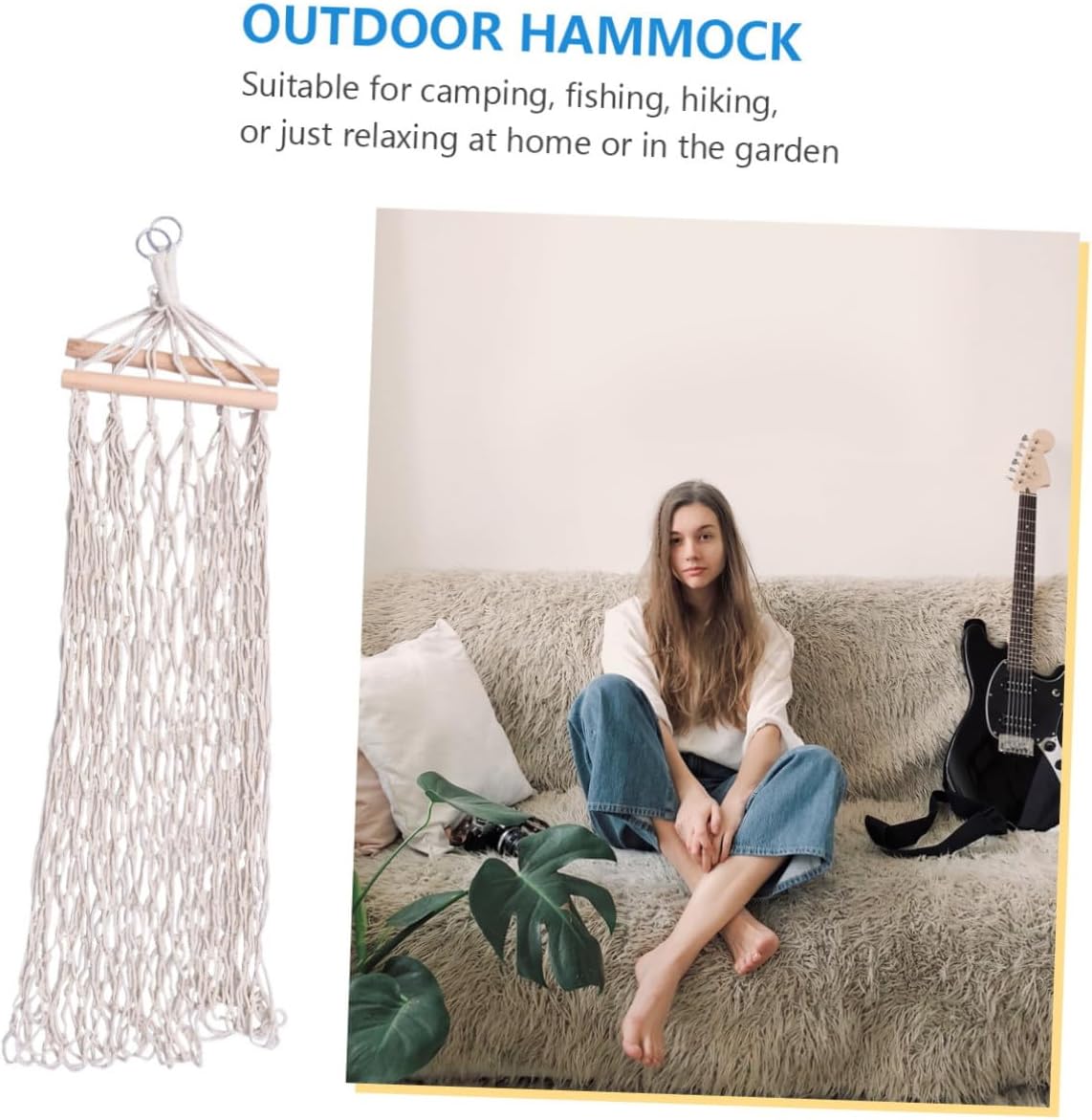 Kichvoe Cotton Rope Hammock with Wooden Stick, Single Mesh Hanging Sleeping Bed, Outdoor Camping and Indoor Leisure Swing Chair with Carry Bag and Heavy-Duty Hanging Ropes