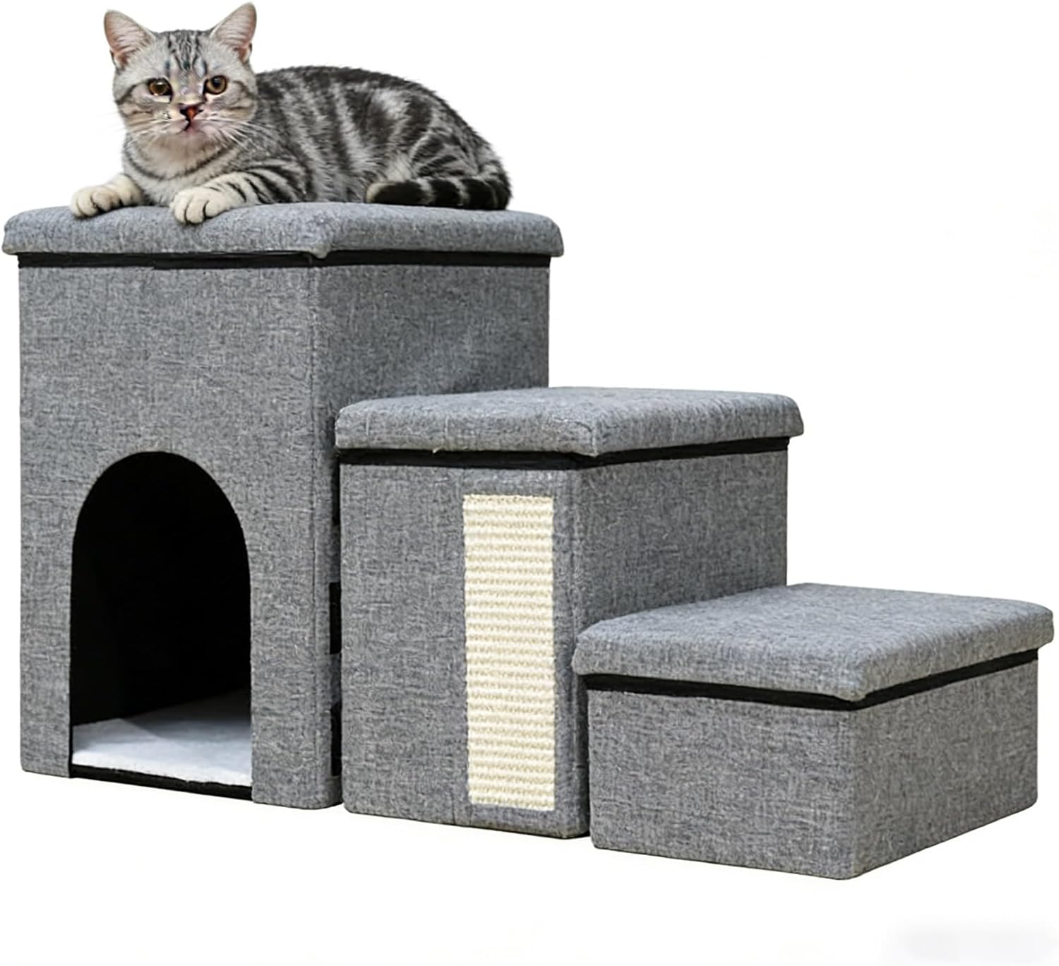 3 Step Cat Stairs for Small Dogs and Cats, Storage Pet Stairs with Enclosed Cat House and Scratching Panel for Couch and Sofa
