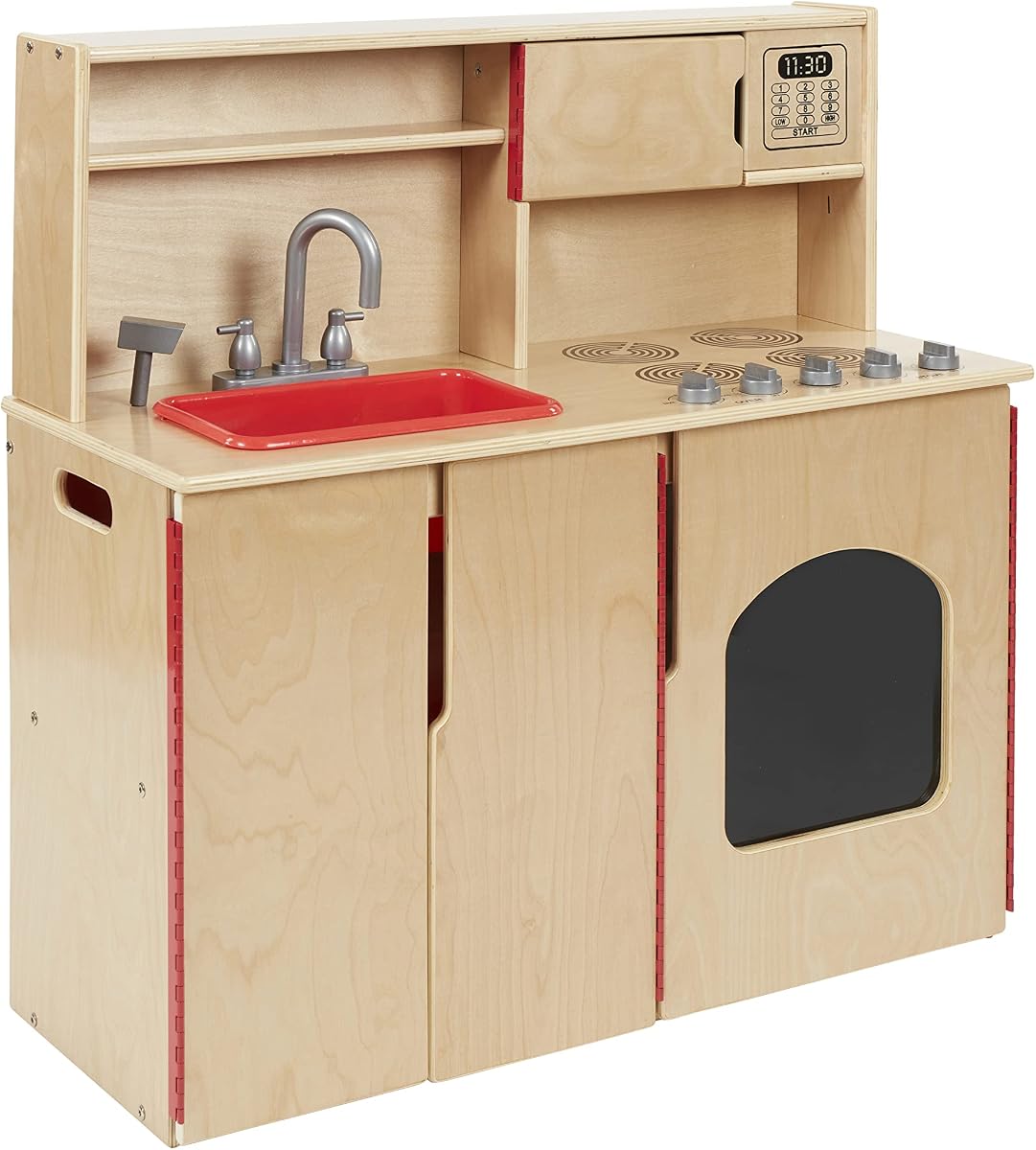 ECR4Kids 4-in-1 Kitchen, Sink, Stove, Oven, Microwave and Storage, Play Kitchen, Natural | Durable birch, GREENGUARD Gold Certified, 60 lb capacity, shelves, handles, magnetic doors, anti-tip kit, classroom/home