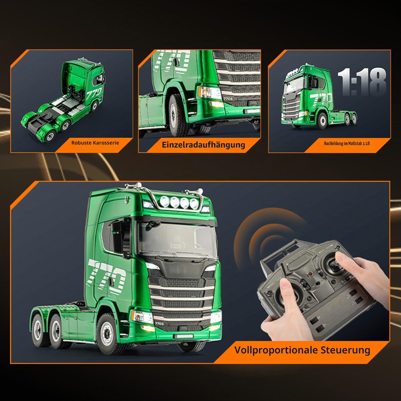 RC Traktor LKW Im Maßstab 1:18 mit 19CH Licht Soundeffekte, 2,4G Fernbedienungs-Sattelzug, 4WD Legierungskarosserie Zum Spielen und Sammeln Im Gelände (Grün)