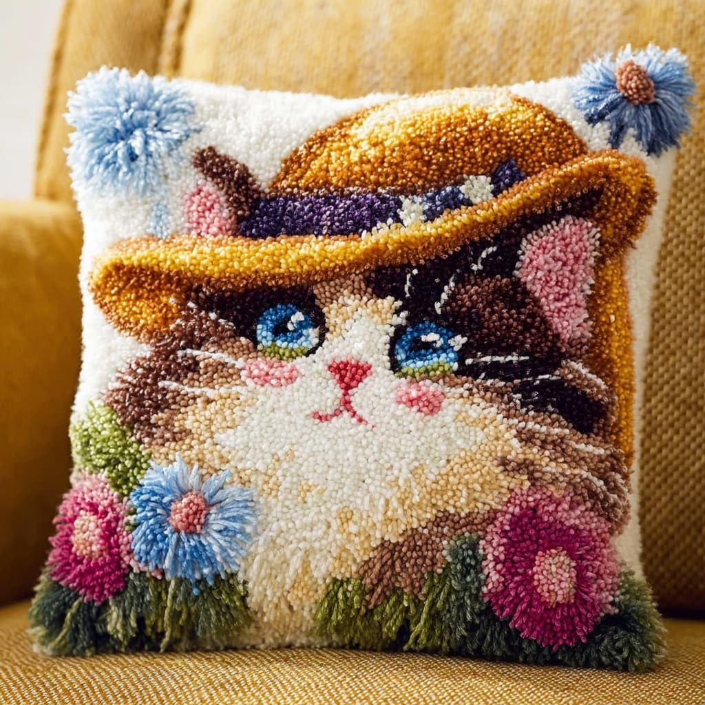 Henypt Latch Hook Cushion Kits, Cats and Flowers