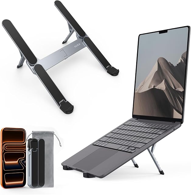 SODI Support pour ordinateur portable pour bureau - portatif & Support pour ordinateur portable pliable, support pour table de dessin réglable pour le travail, support en aluminium ergonomique pour MacBook (Gris)
