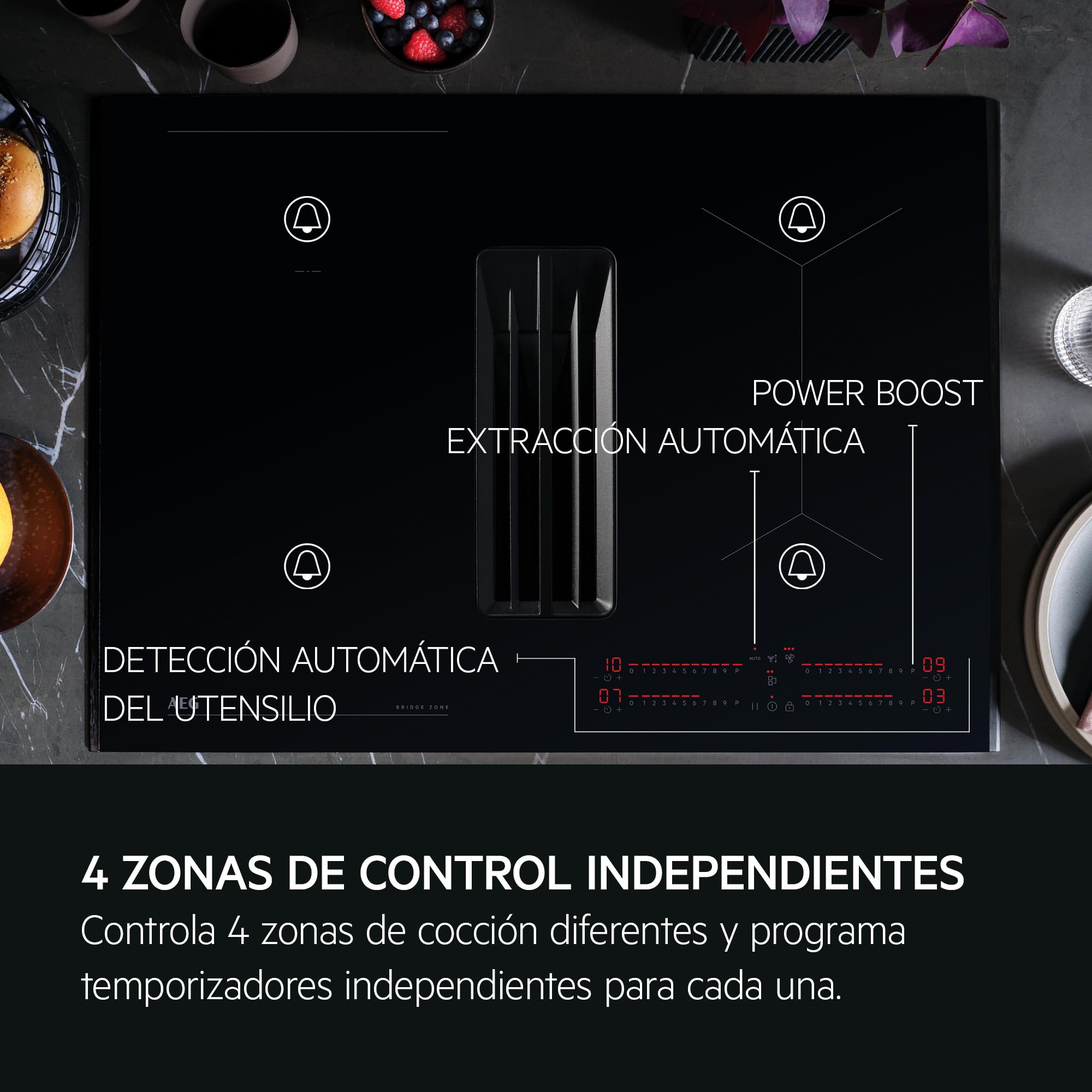 AEG Placa Inducción Extractora Integrado TCH74B01FB, 68 cm, 4 zonas, Función Bridge, 9 niveles de potencia, Gestionar Individualmente los 4 fuegos, Desconexión automática, Negro